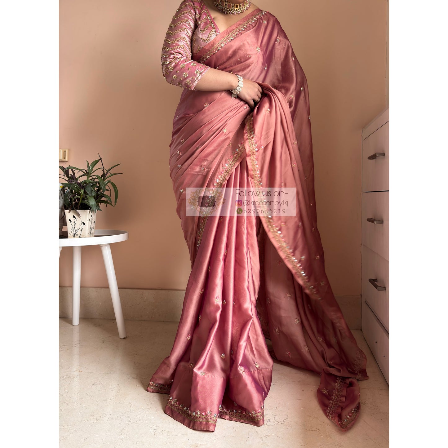Summer Mauve Pink Handembroidered Saree Kreation by KJ