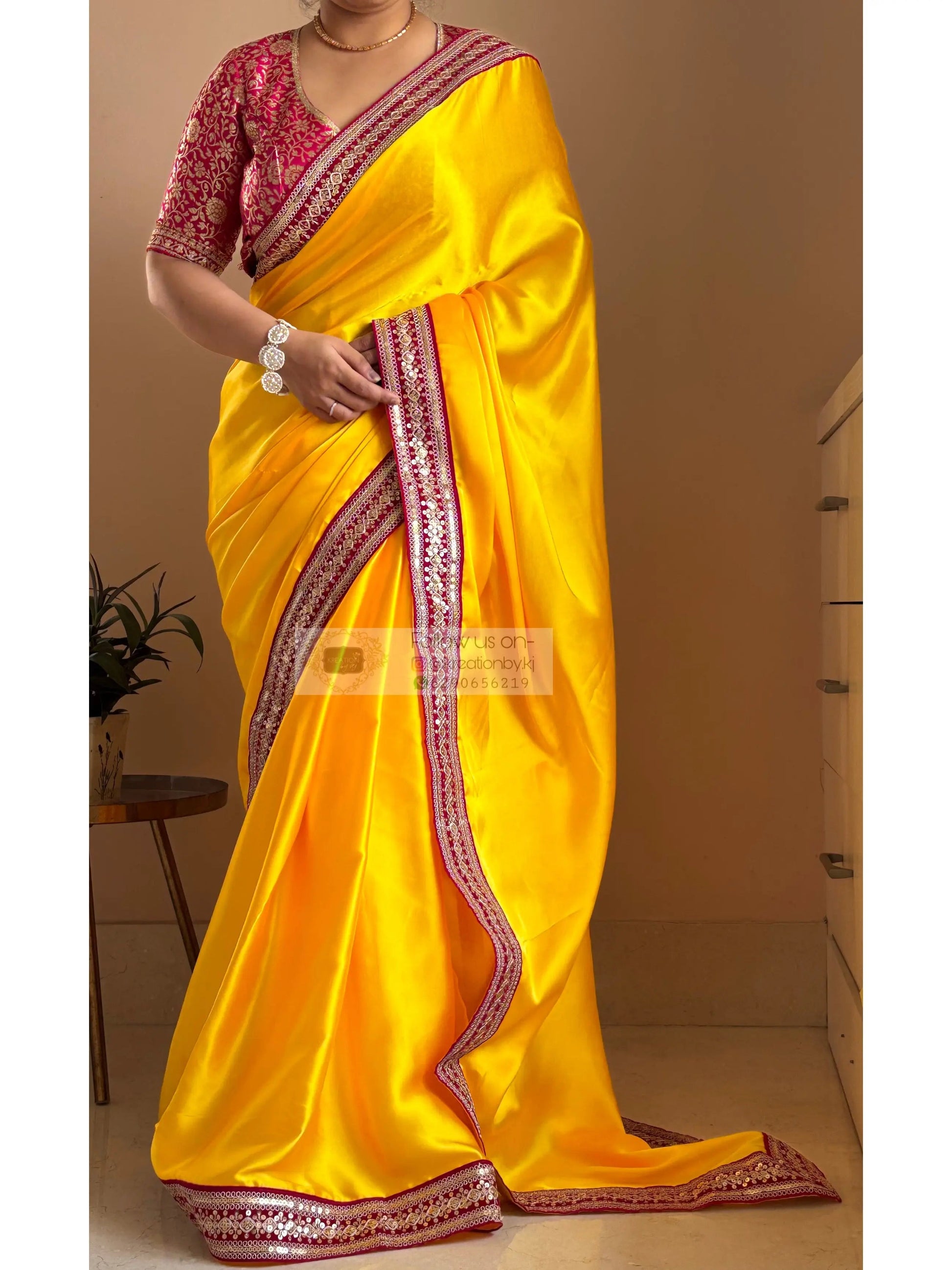 Yellow Satin Silk Saree with Pink Border - kreationbykj