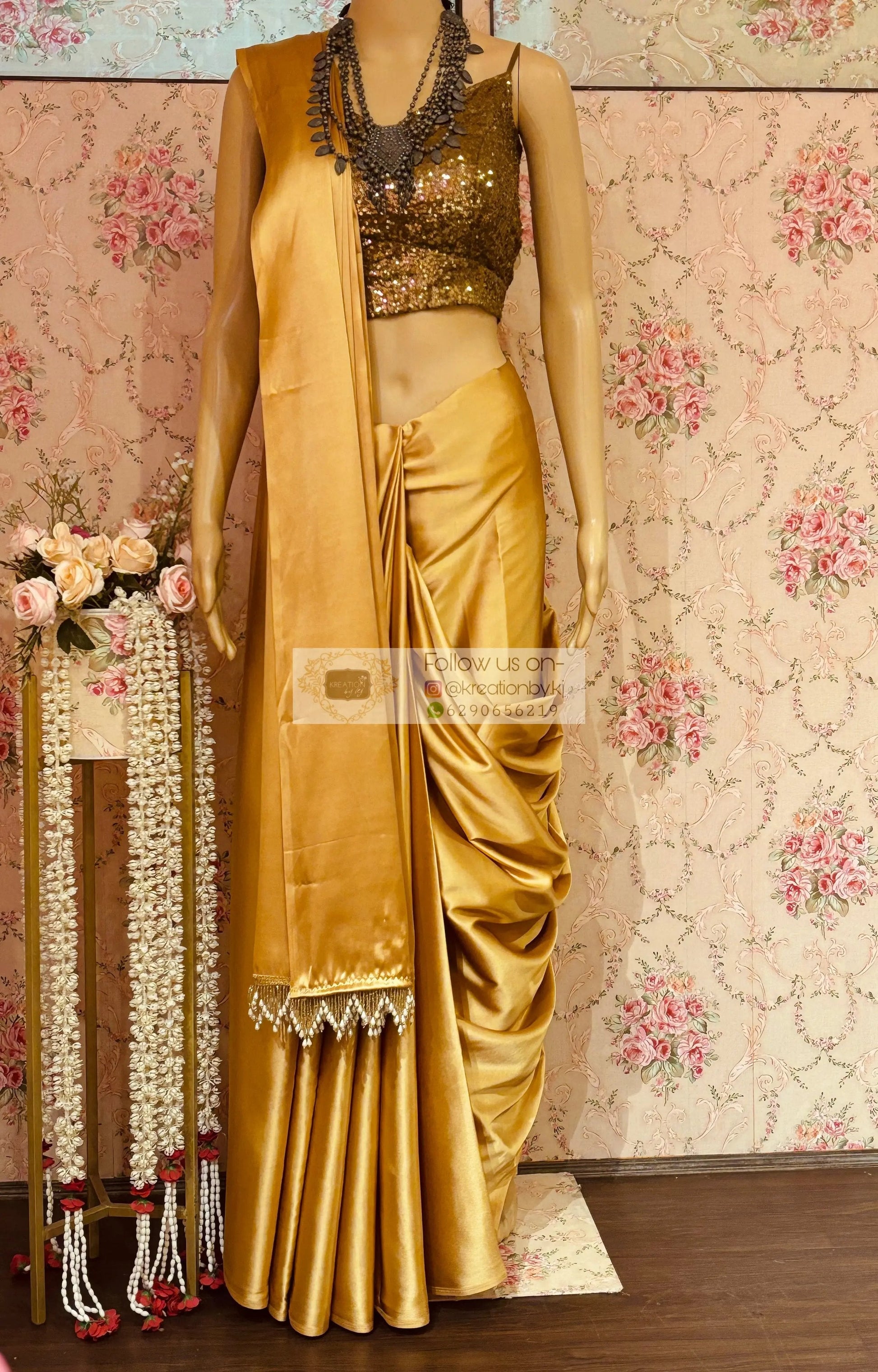 Champagne Gold Satin Saree kreationbykj