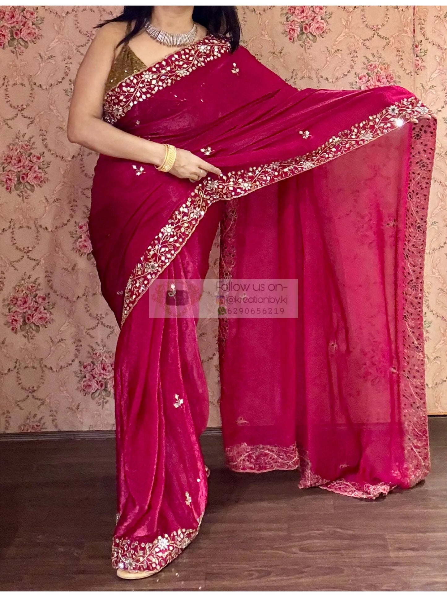 Fuchsia Pink Sheesh Mahal Saree kreationbykj