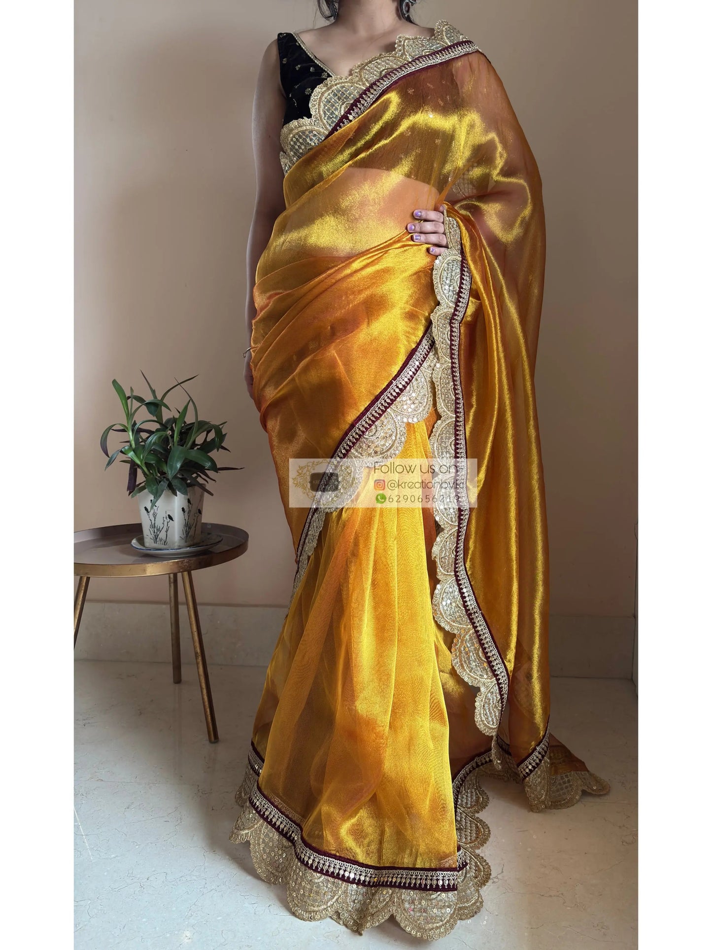 Fiery Gold Zari Tissue Mehraab Border Saree kreationbykj