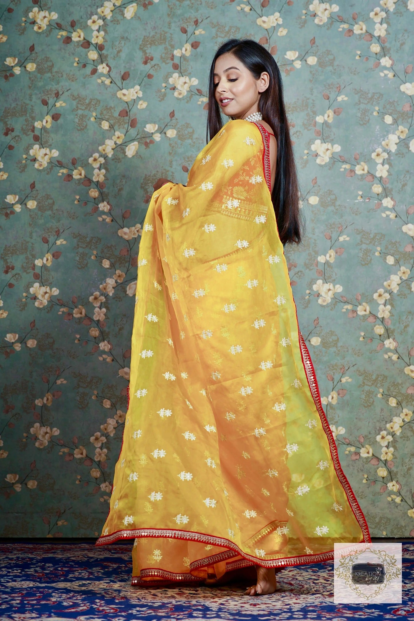 Yellow Snow Drop Organza saree For Haldi kreationbykj