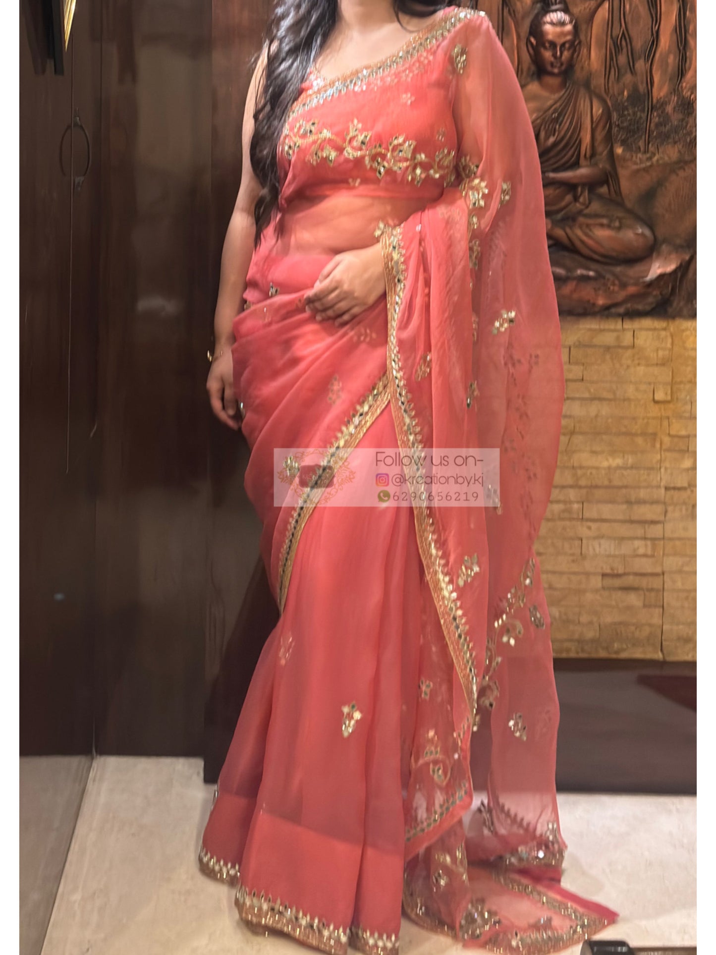 Peach Sheesh Leher Real Mirror Cutwork Saree for My Desi Girl Kreation by KJ