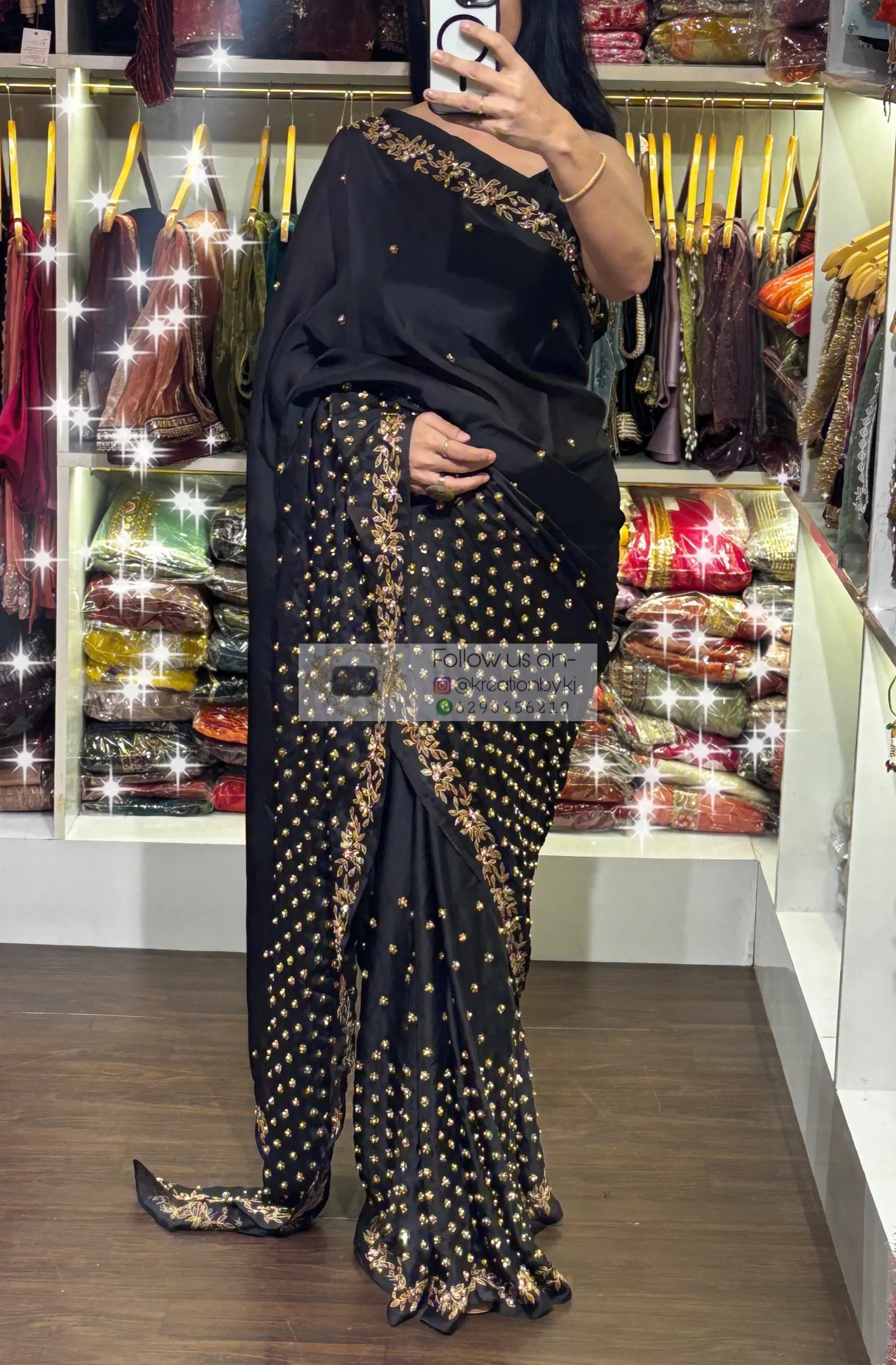 Black Crepe Silk Badan Pe Sitare Cocktail  Saree kreationbykj