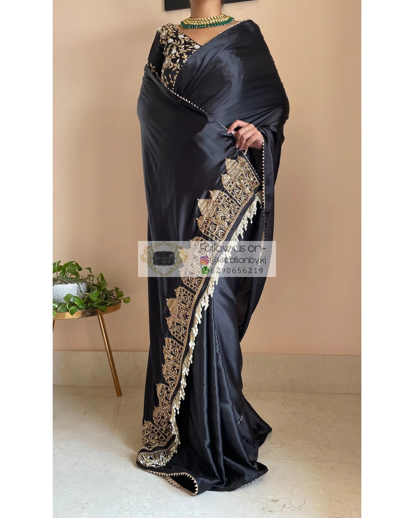 Black Satin Silk Taj Mahal Saree - kreationbykj