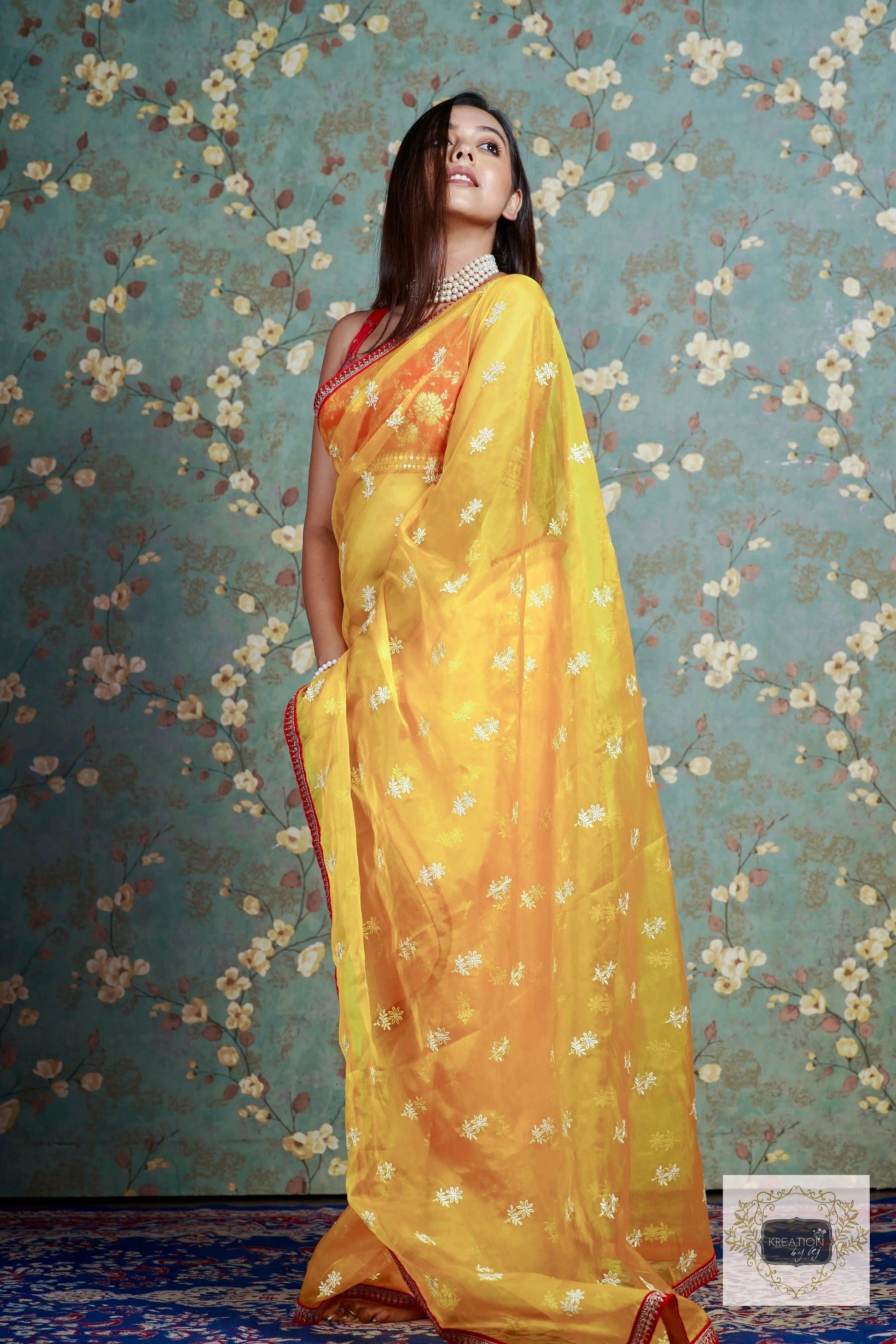 Yellow Snow Drop Organza saree For Haldi kreationbykj