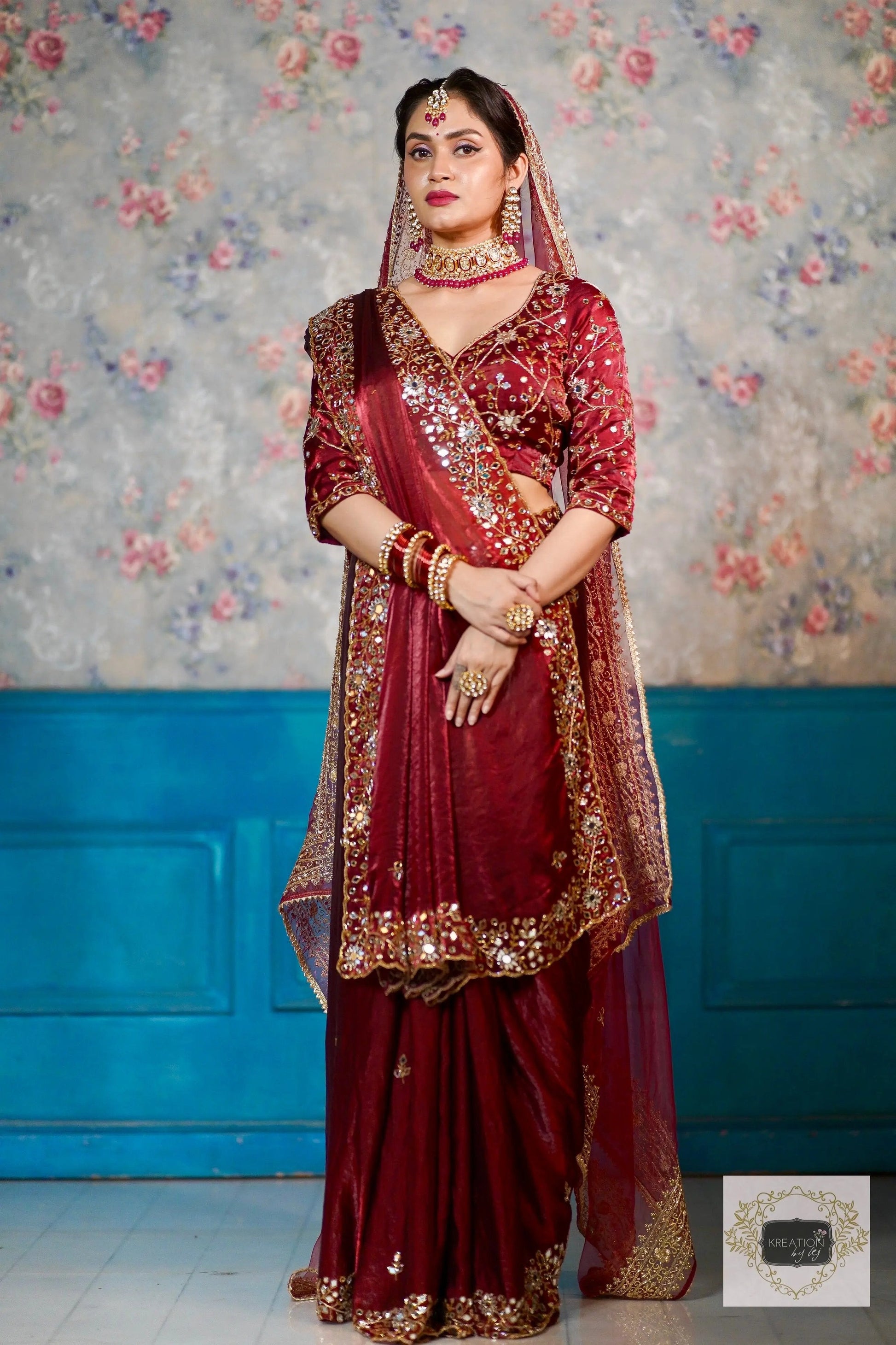 Maroon Sheesh Mahal Saree kreationbykj