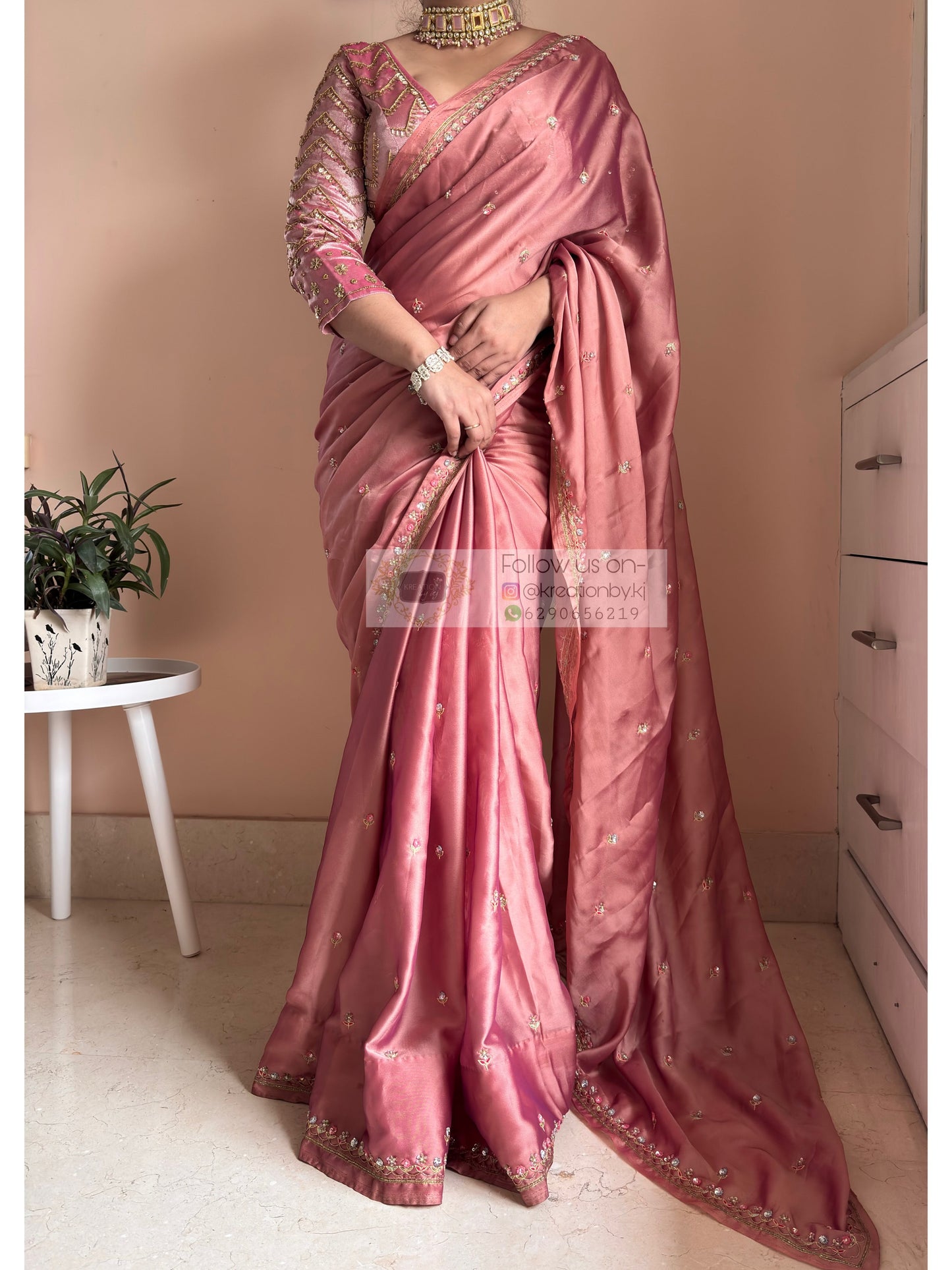 Summer Mauve Pink Handembroidered Saree Kreation by KJ
