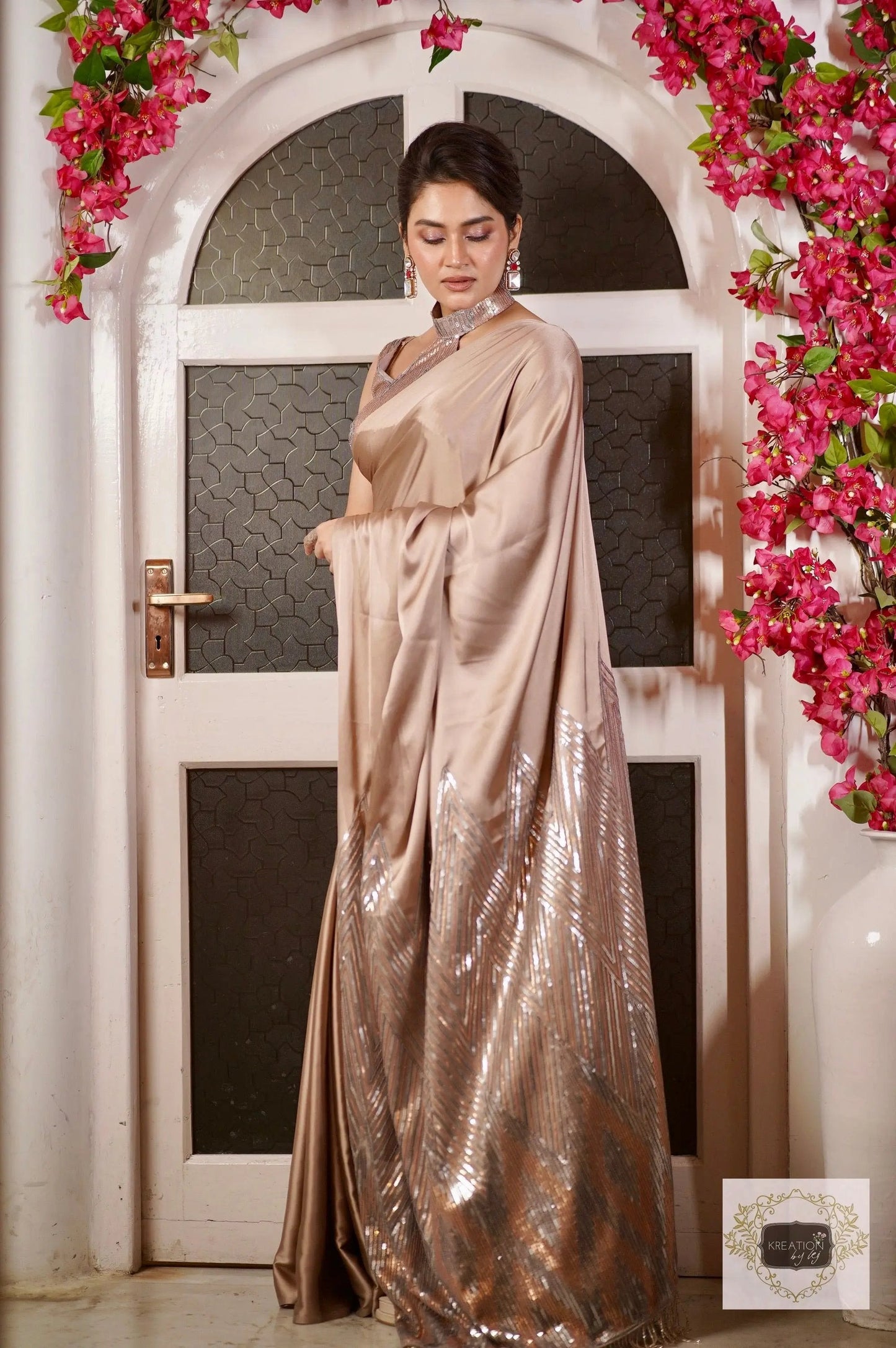 Lilac Satin Embroidered Pallu Saree kreationbykj