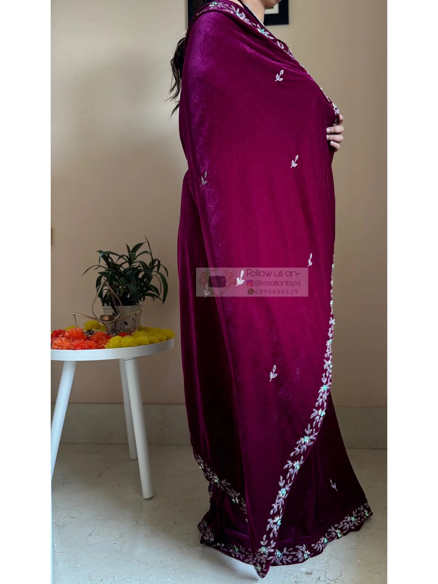 Purple Wine Velvet Chandani Saree with Cutdana Work Kreation by KJ