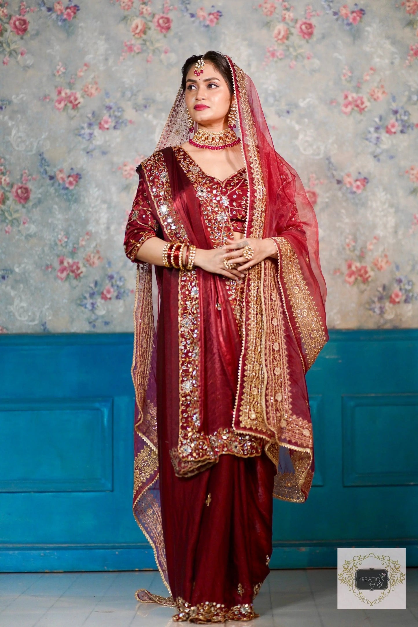 Maroon Sheesh Mahal Saree kreationbykj