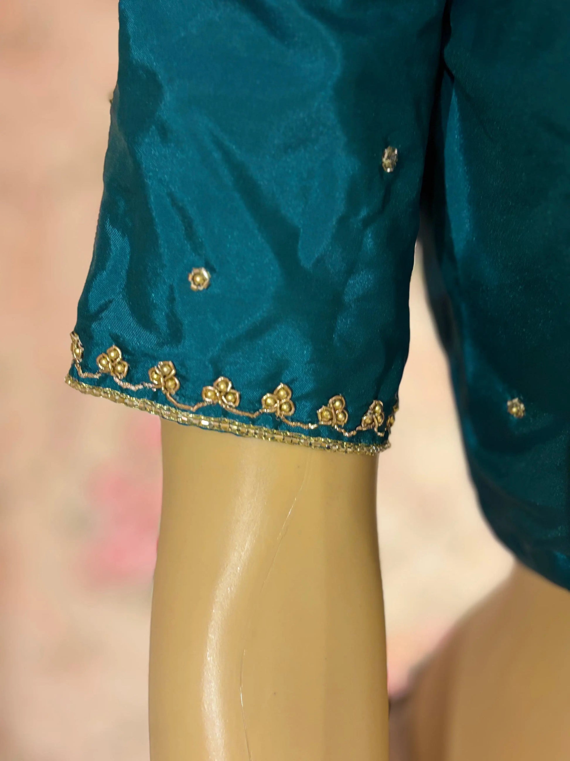 Teal Blue Silk Blouse With Embroidery kreationbykj