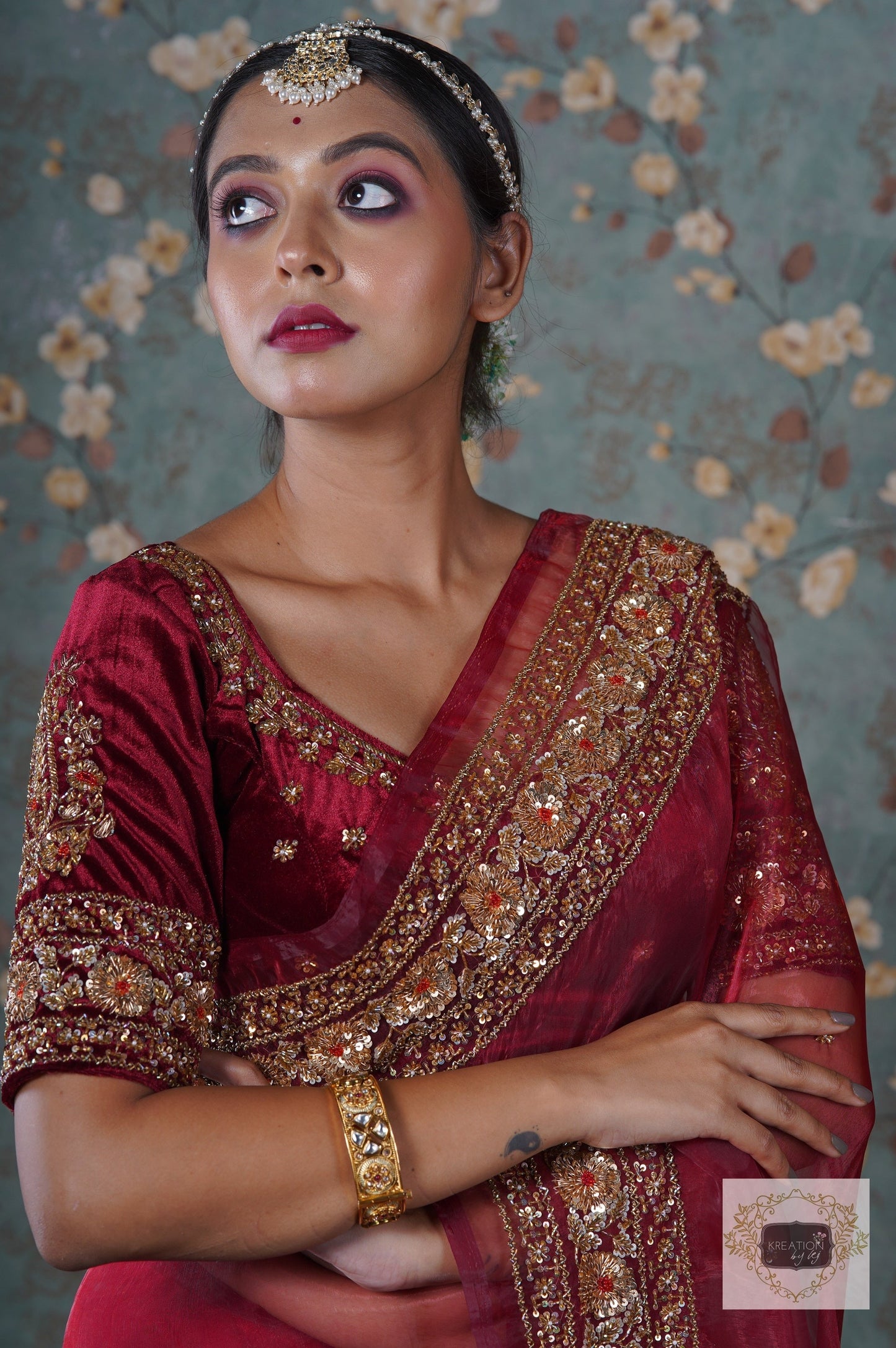 Burgundy Velvet Bridal Blouse Piece with Zardosi Work
