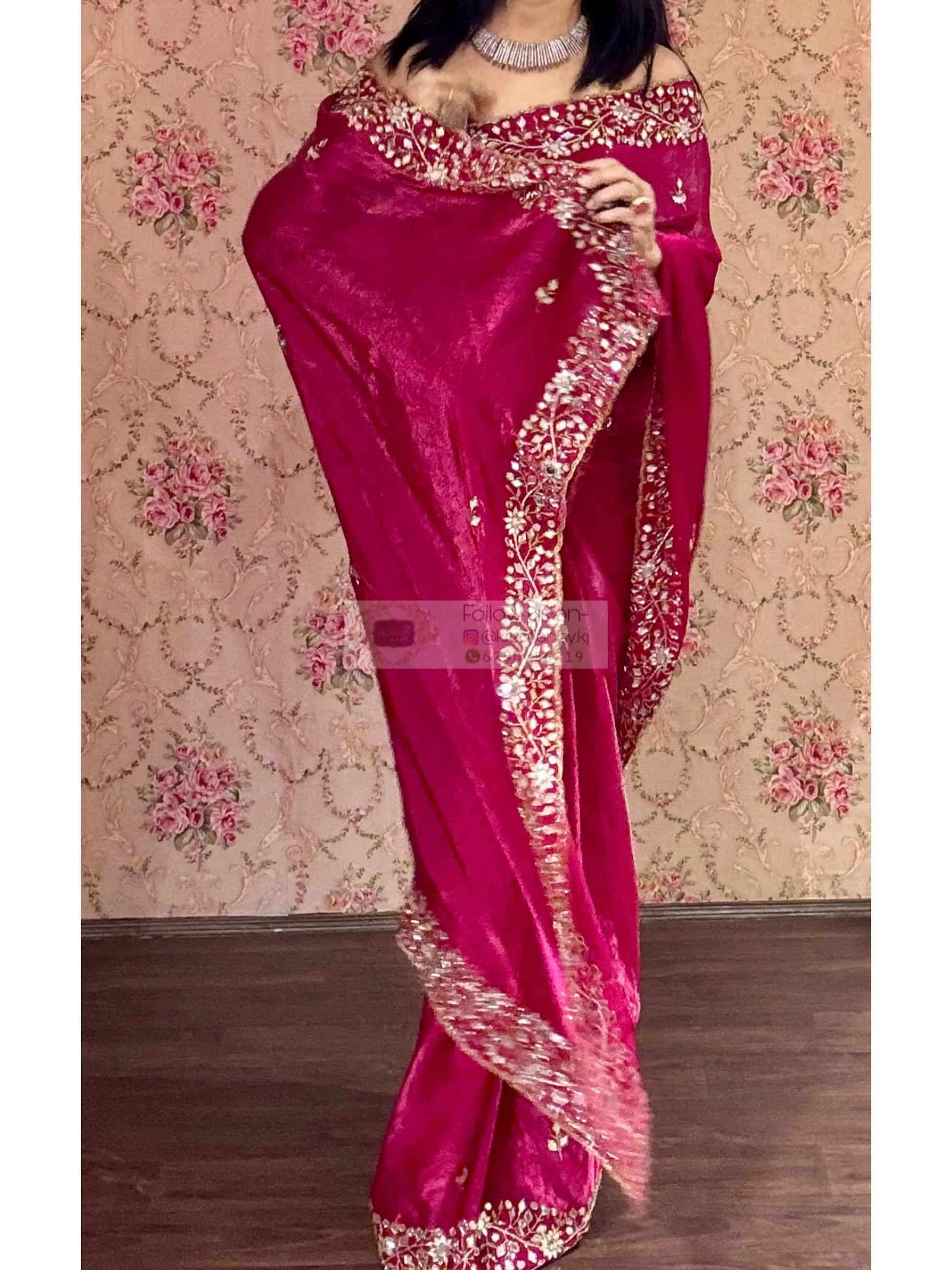 Fuchsia Pink Sheesh Mahal Saree kreationbykj