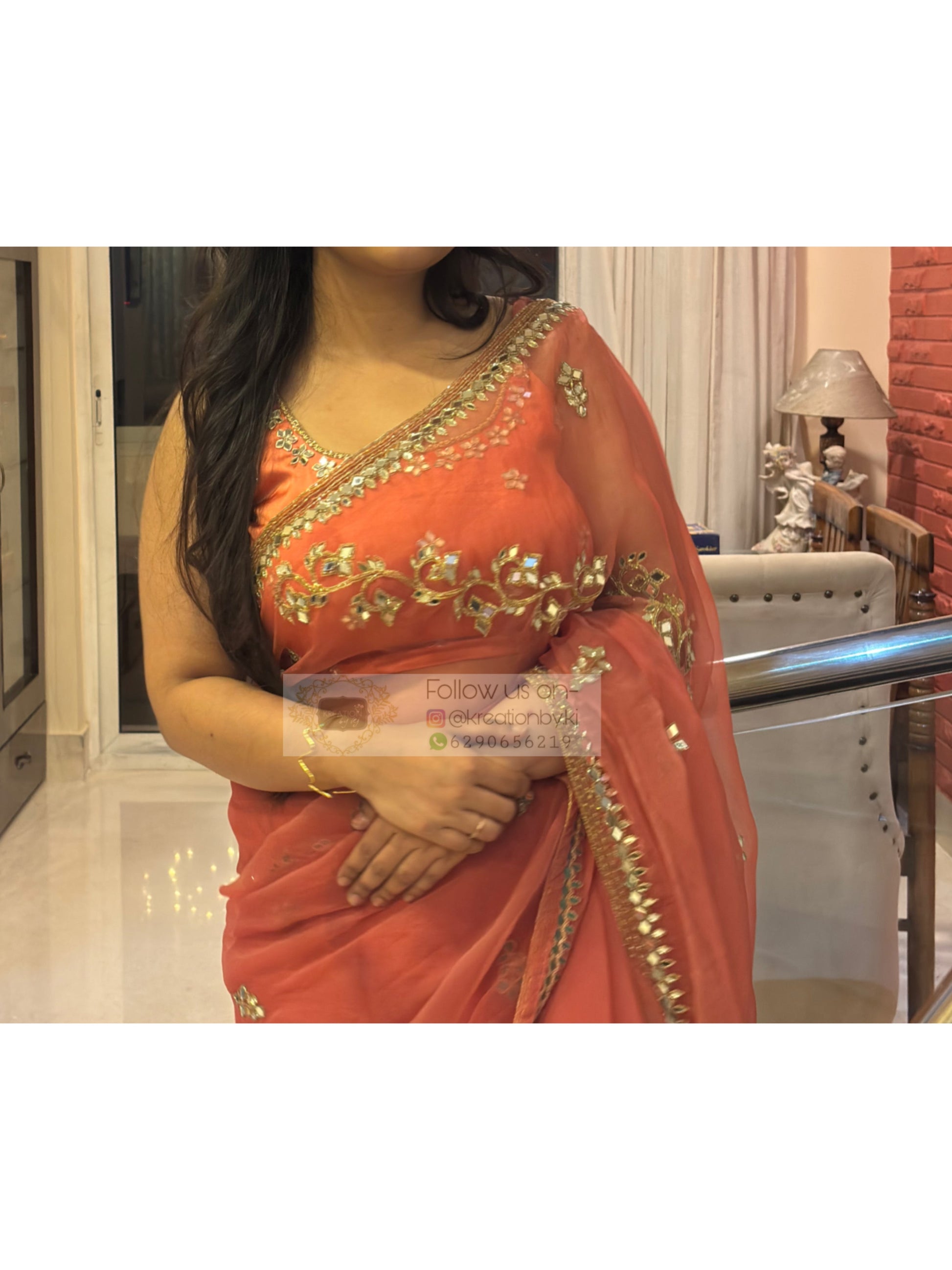 Peach Sheesh Leher Real Mirror Cutwork Saree for My Desi Girl Kreation by KJ