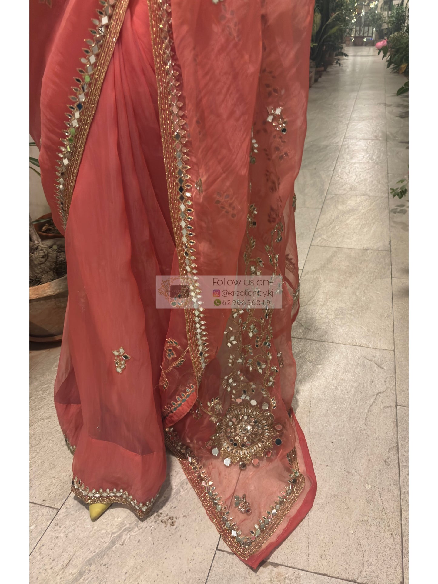 Peach Sheesh Leher Real Mirror Cutwork Saree for My Desi Girl Kreation by KJ