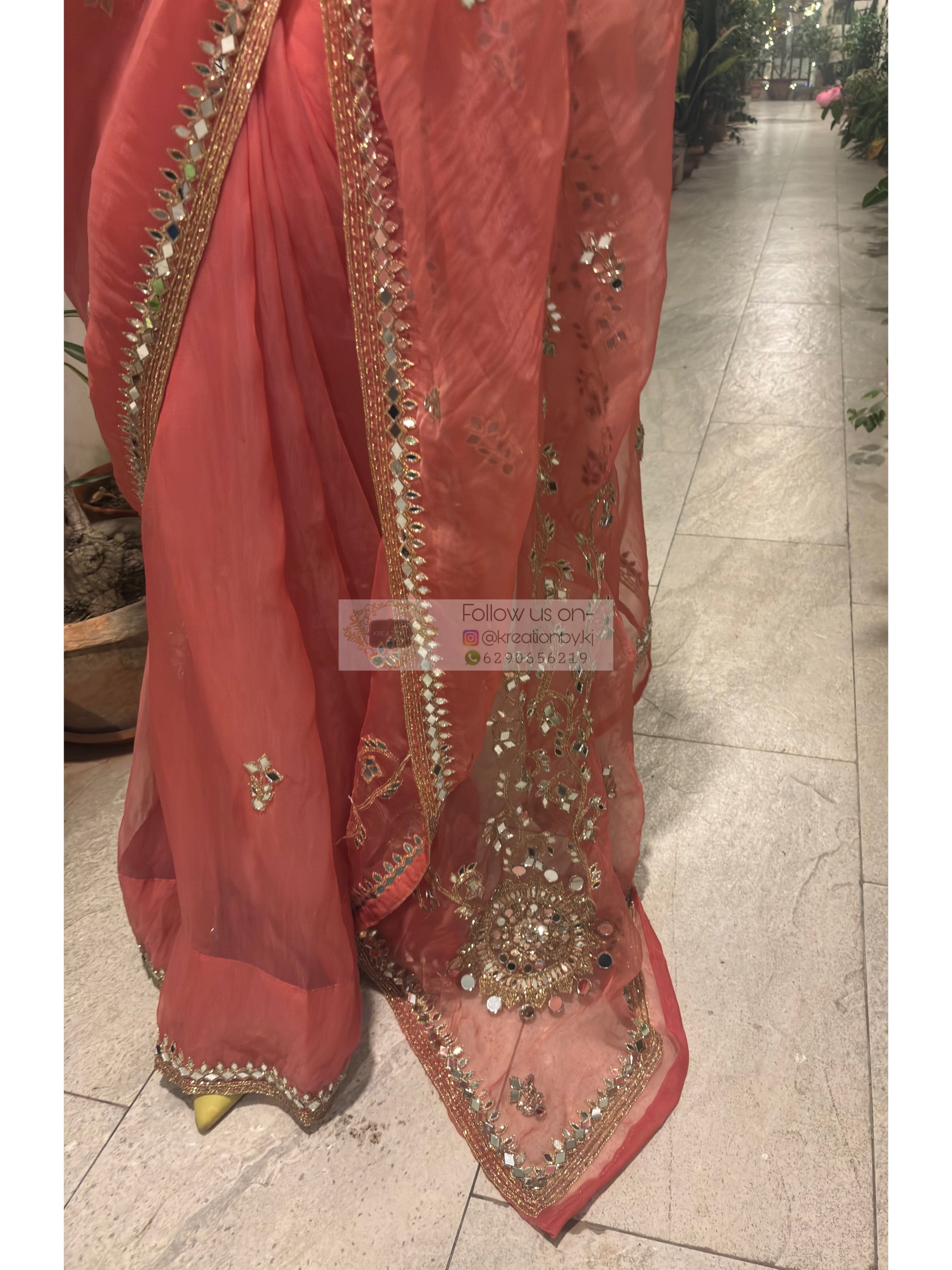 Peach Sheesh Leher Real Mirror Cutwork Saree for My Desi Girl Kreation by KJ
