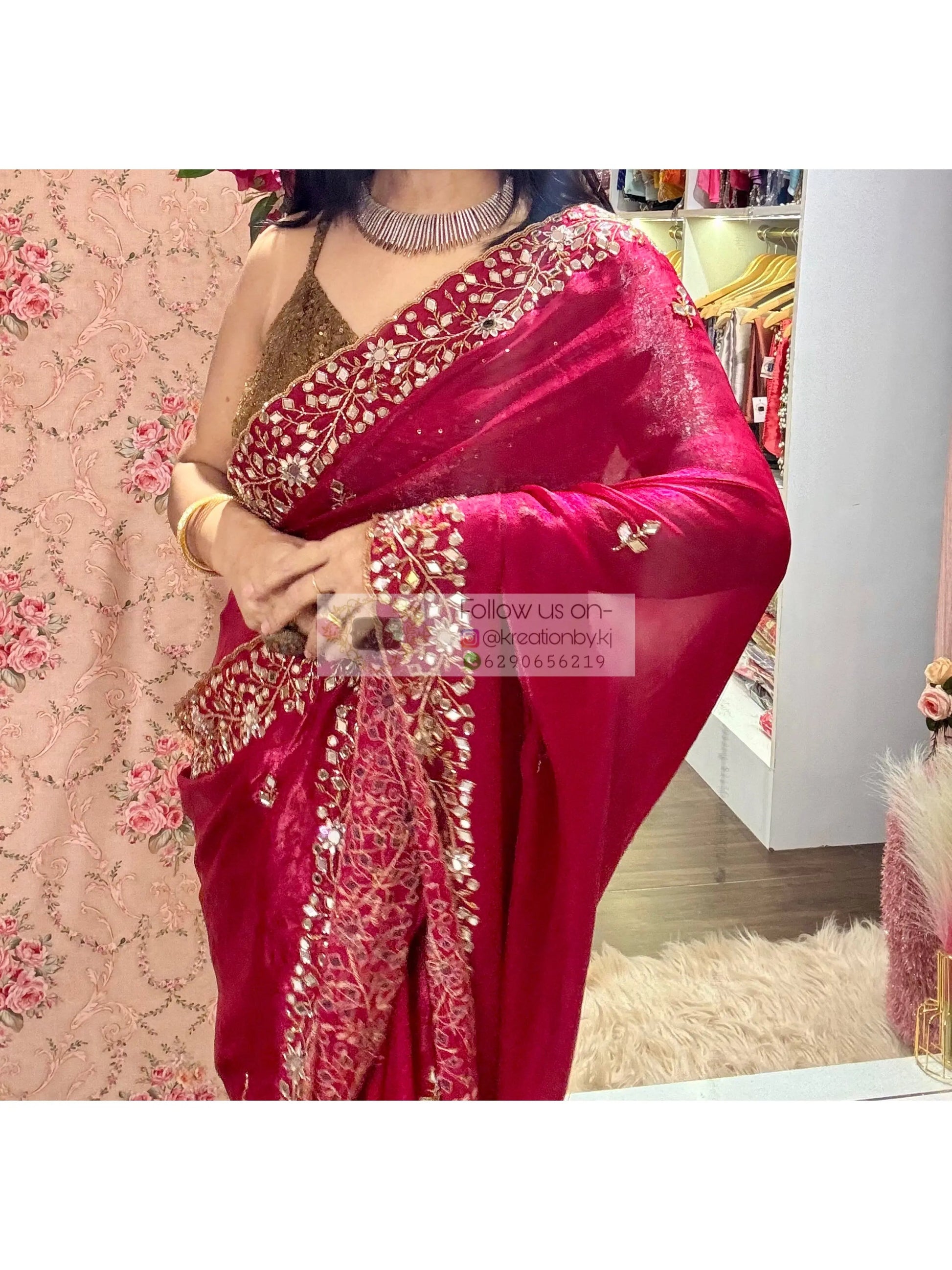 Fuchsia Pink Sheesh Mahal Saree kreationbykj