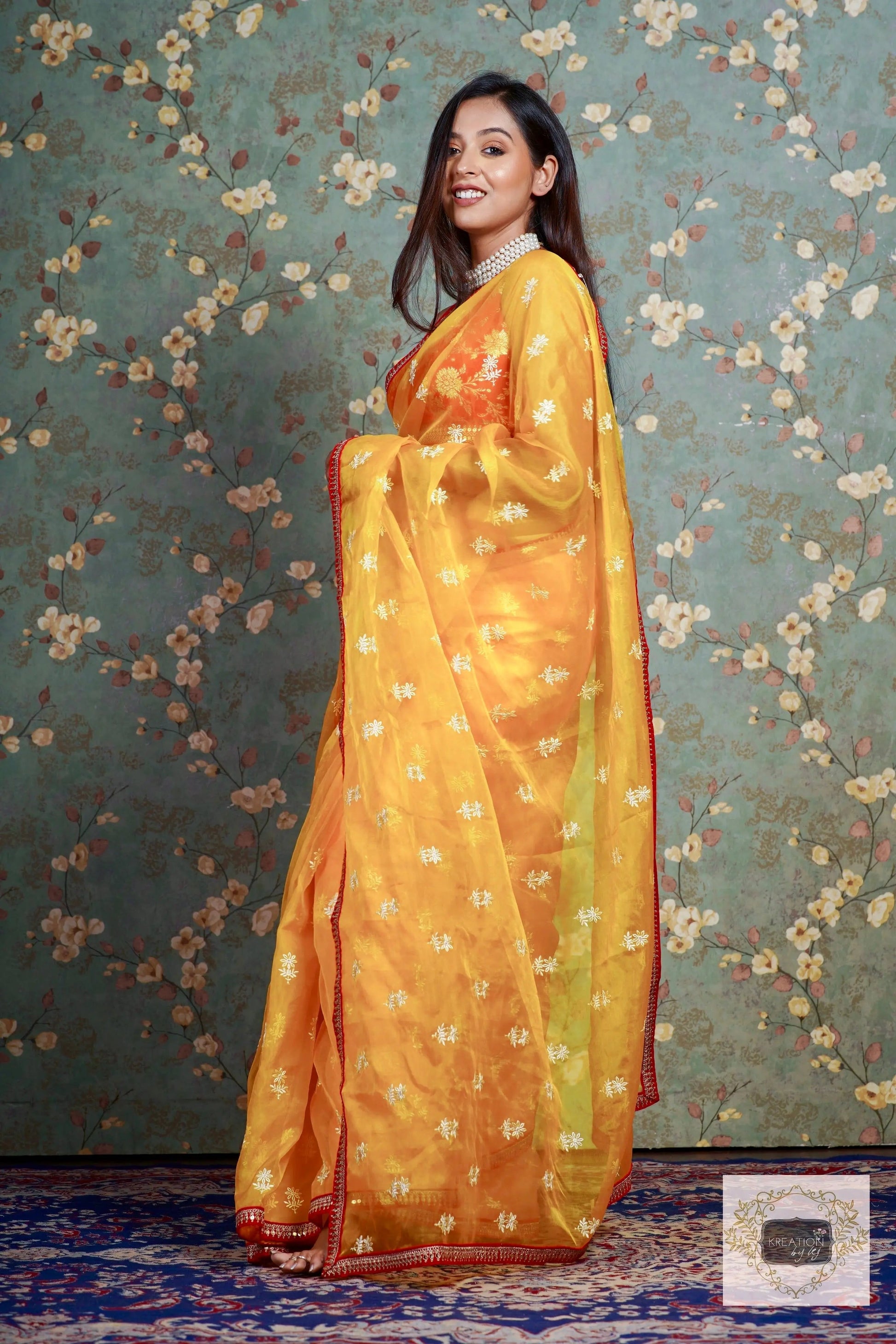 Yellow Snow Drop Organza saree For Haldi kreationbykj