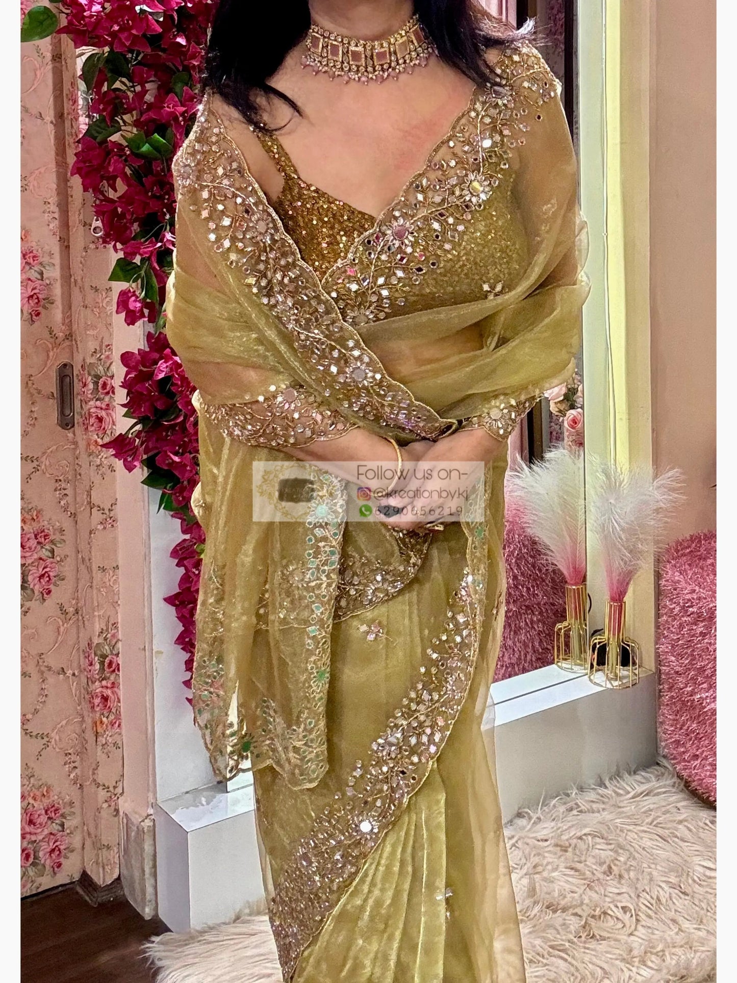 Pista Green Sheesh Mahal Mirror Work Saree kreationbykj