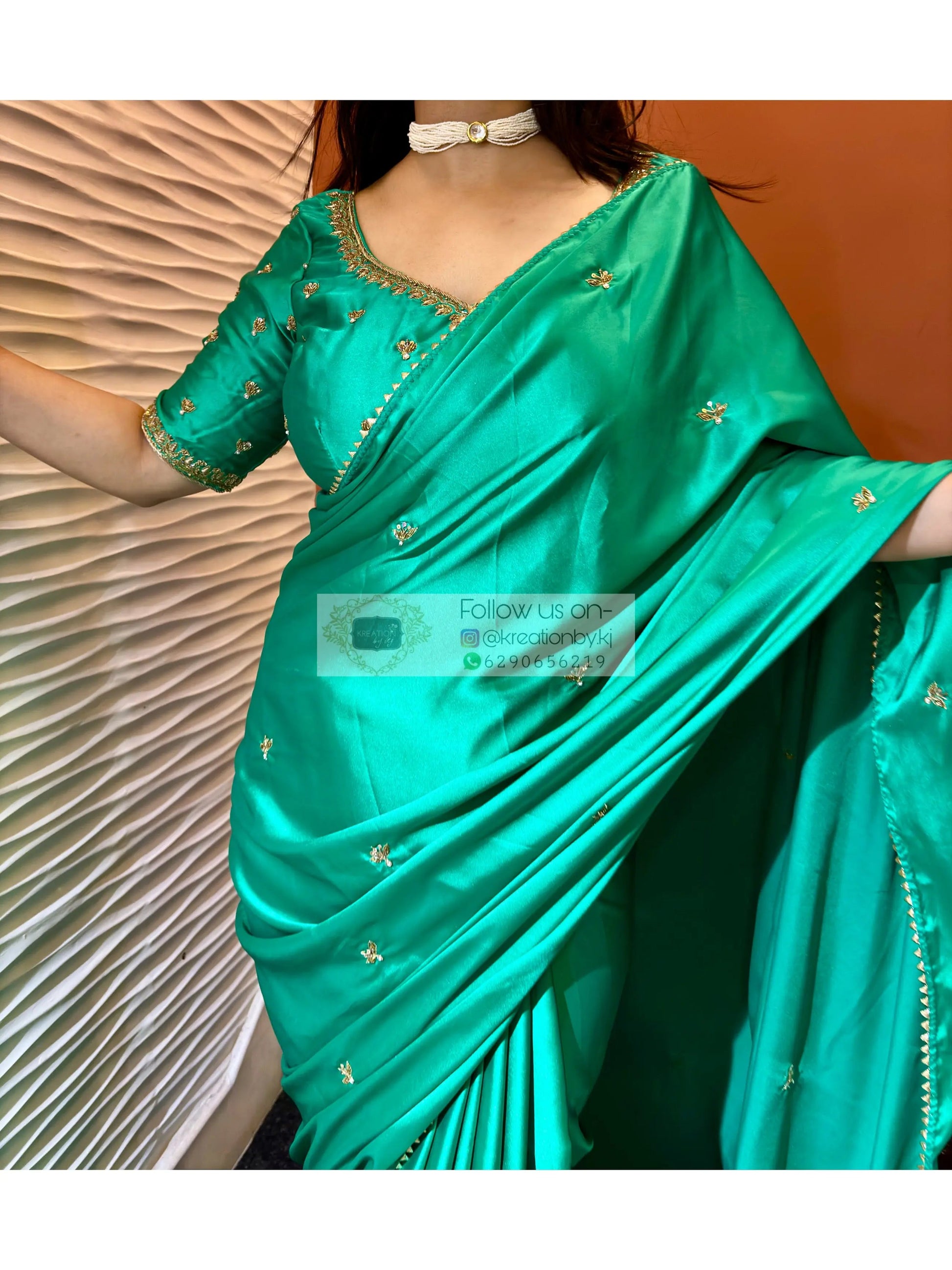 Jade Green Satin Silk Saree for bride- kreationbykj