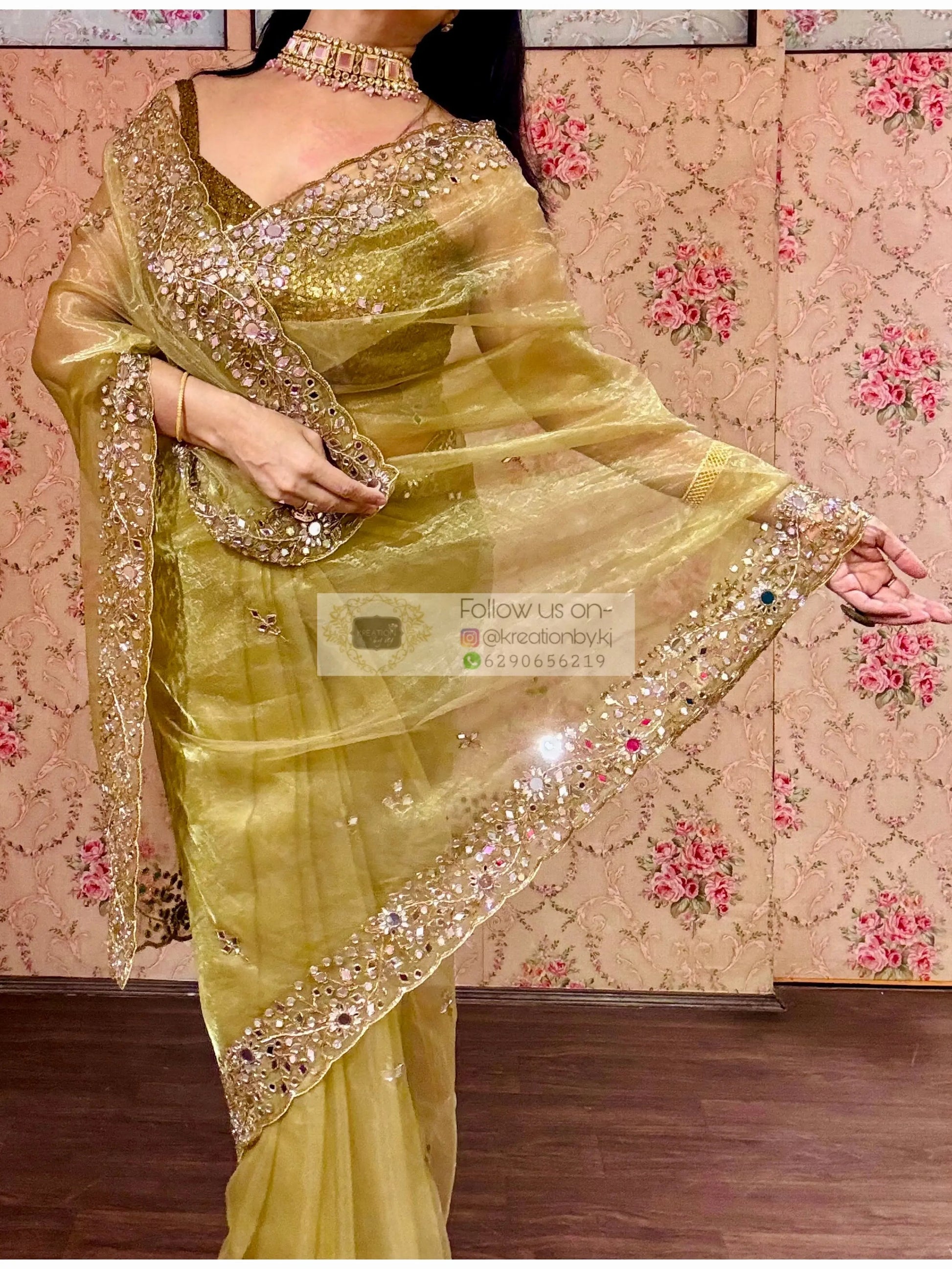Pista Green Sheesh Mahal Mirror Work Saree kreationbykj