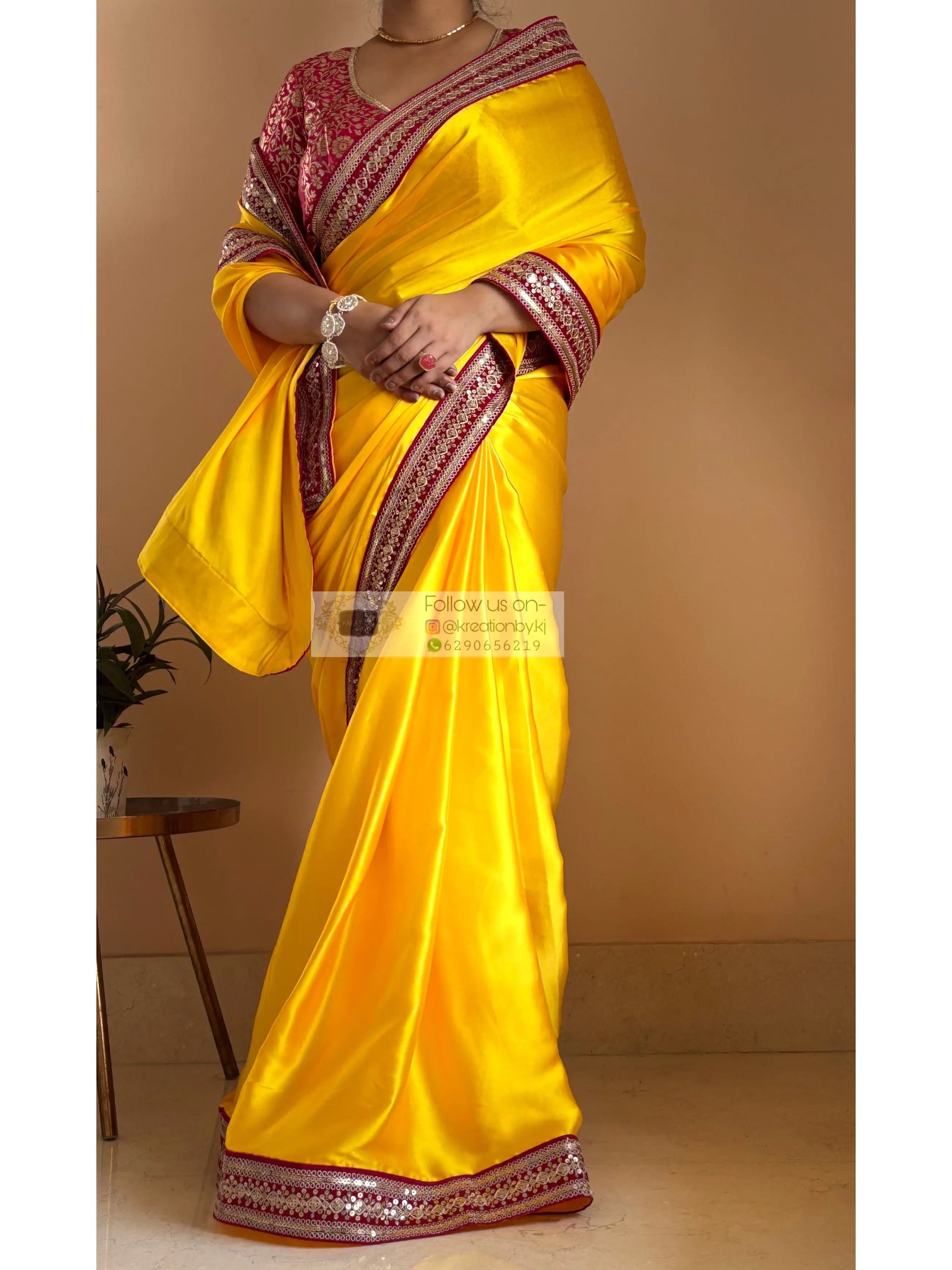 Yellow Satin Silk Saree with Pink Border - kreationbykj