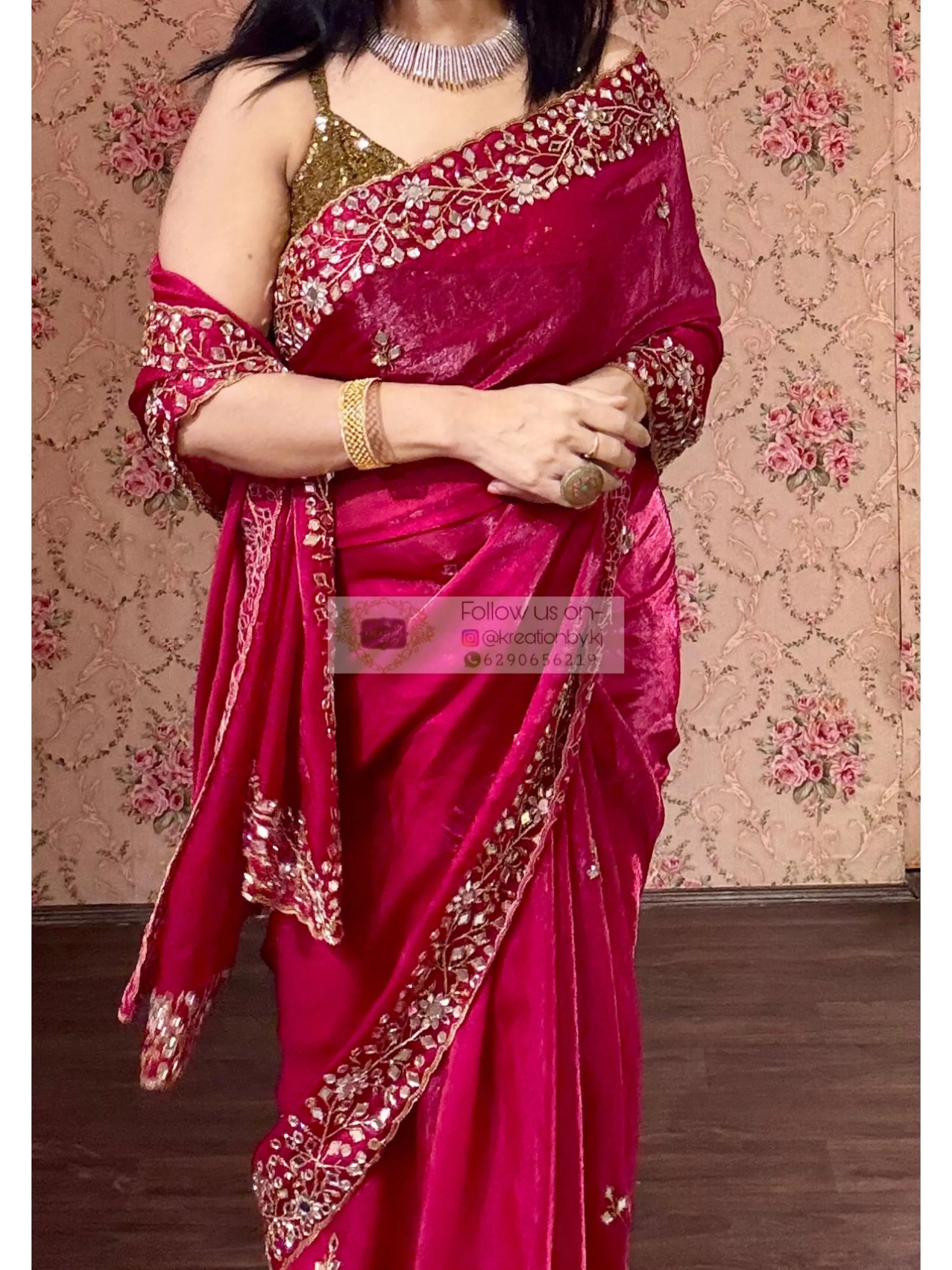 Fuchsia Pink Sheesh Mahal Saree kreationbykj