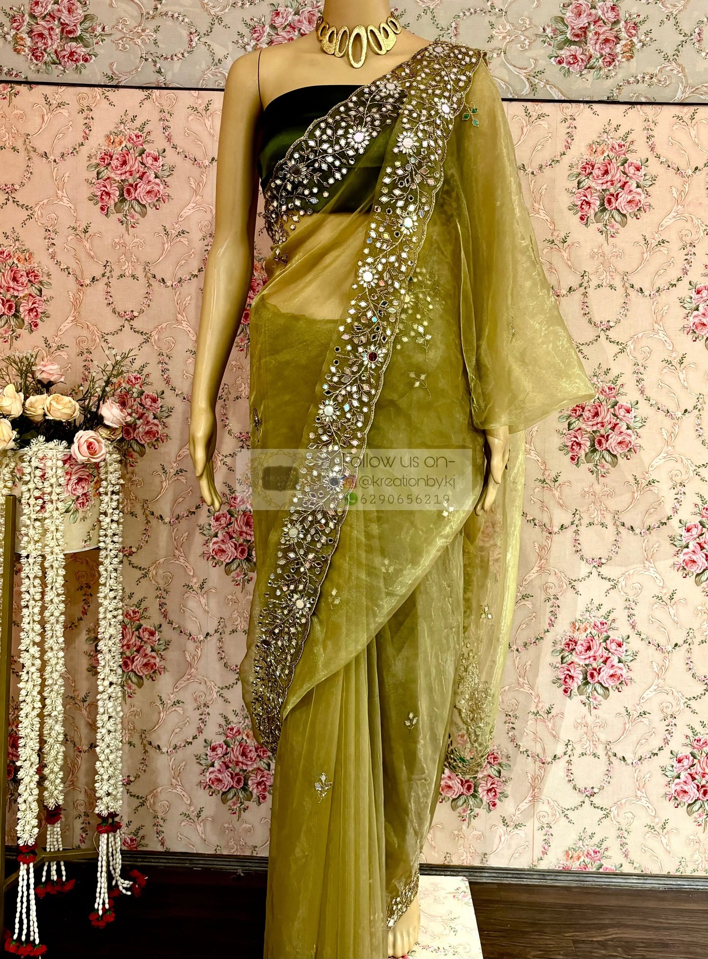 Pista Green Sheesh Mahal Mirror Work Saree kreationbykj