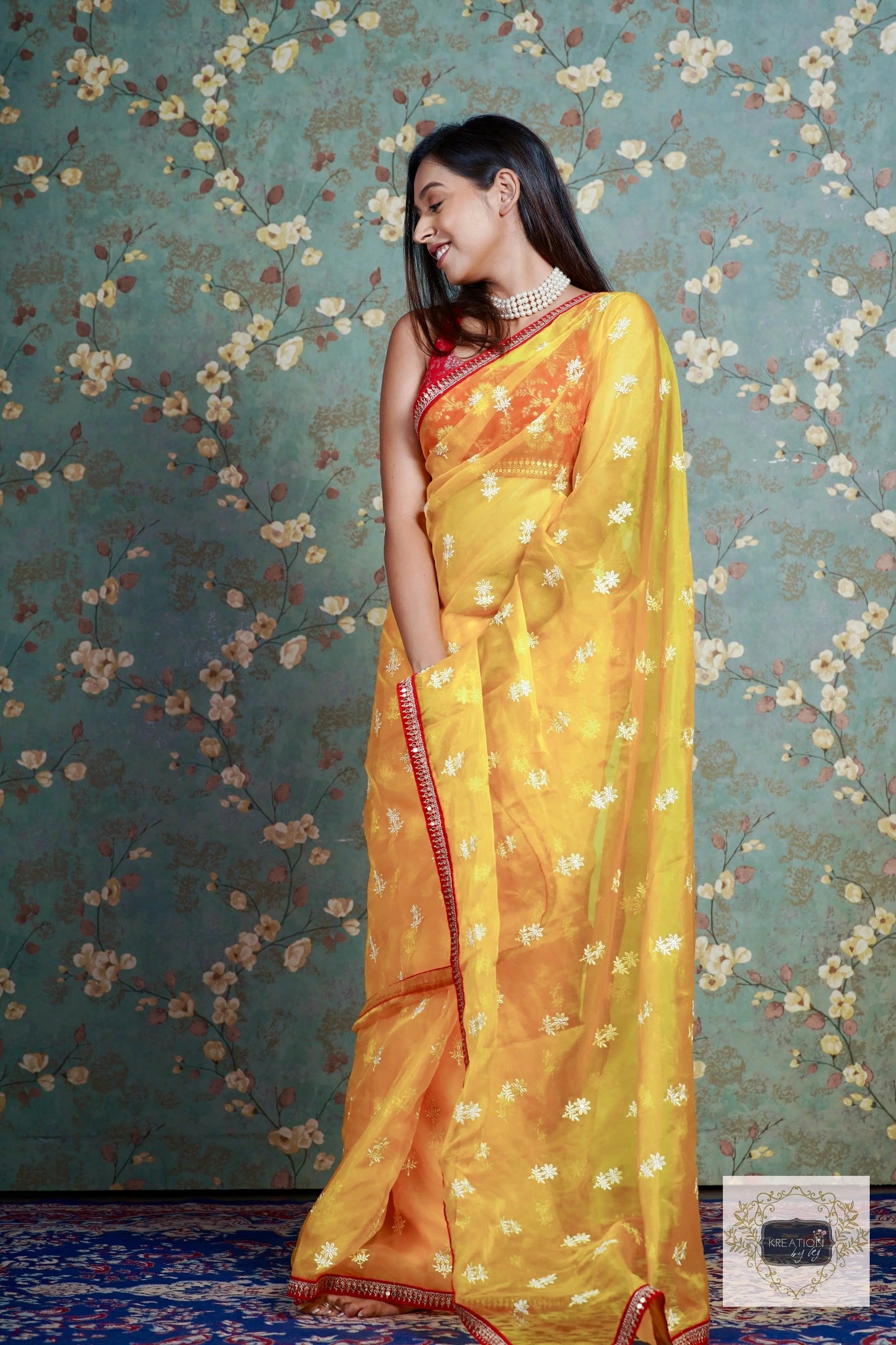 Yellow Snow Drop Organza saree For Haldi kreationbykj