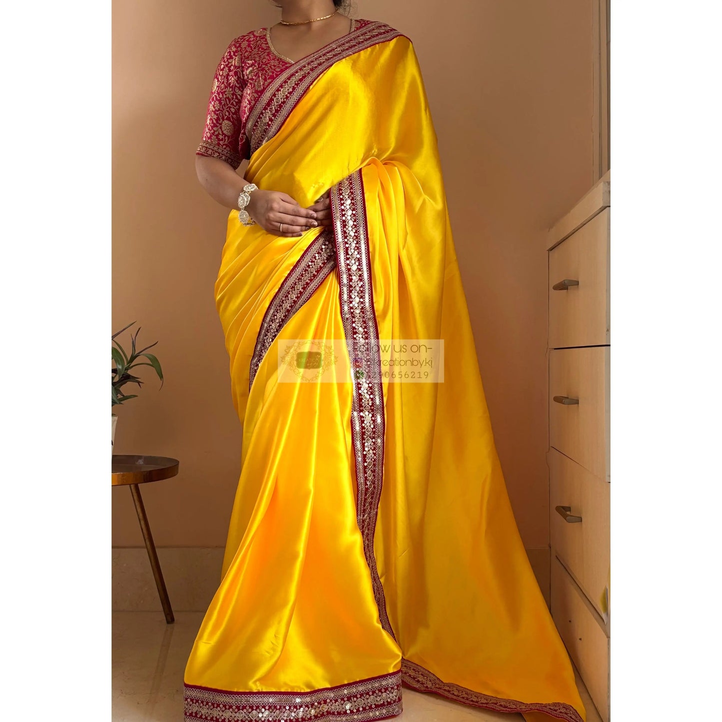Yellow Satin Silk Saree with Pink Border - kreationbykj