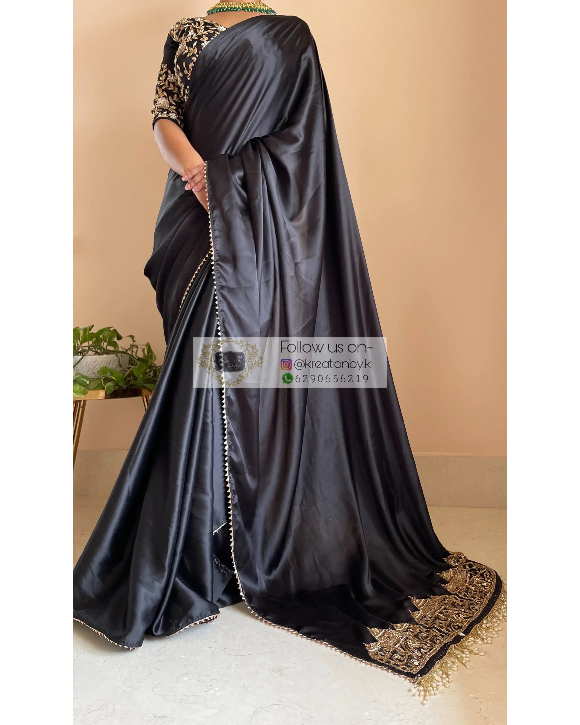 Black Satin Silk Taj Mahal Saree - kreationbykj