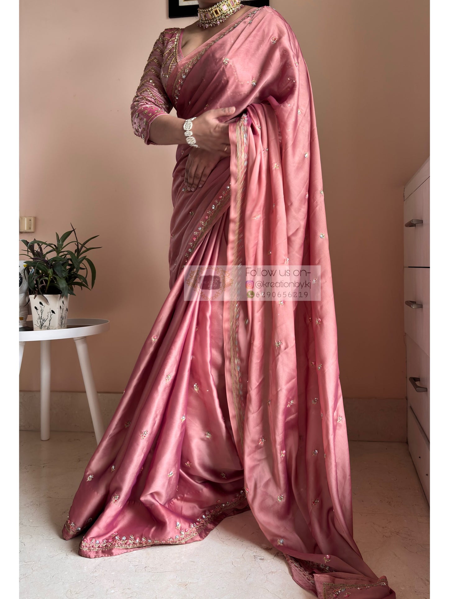 Summer Mauve Pink Handembroidered Saree Kreation by KJ