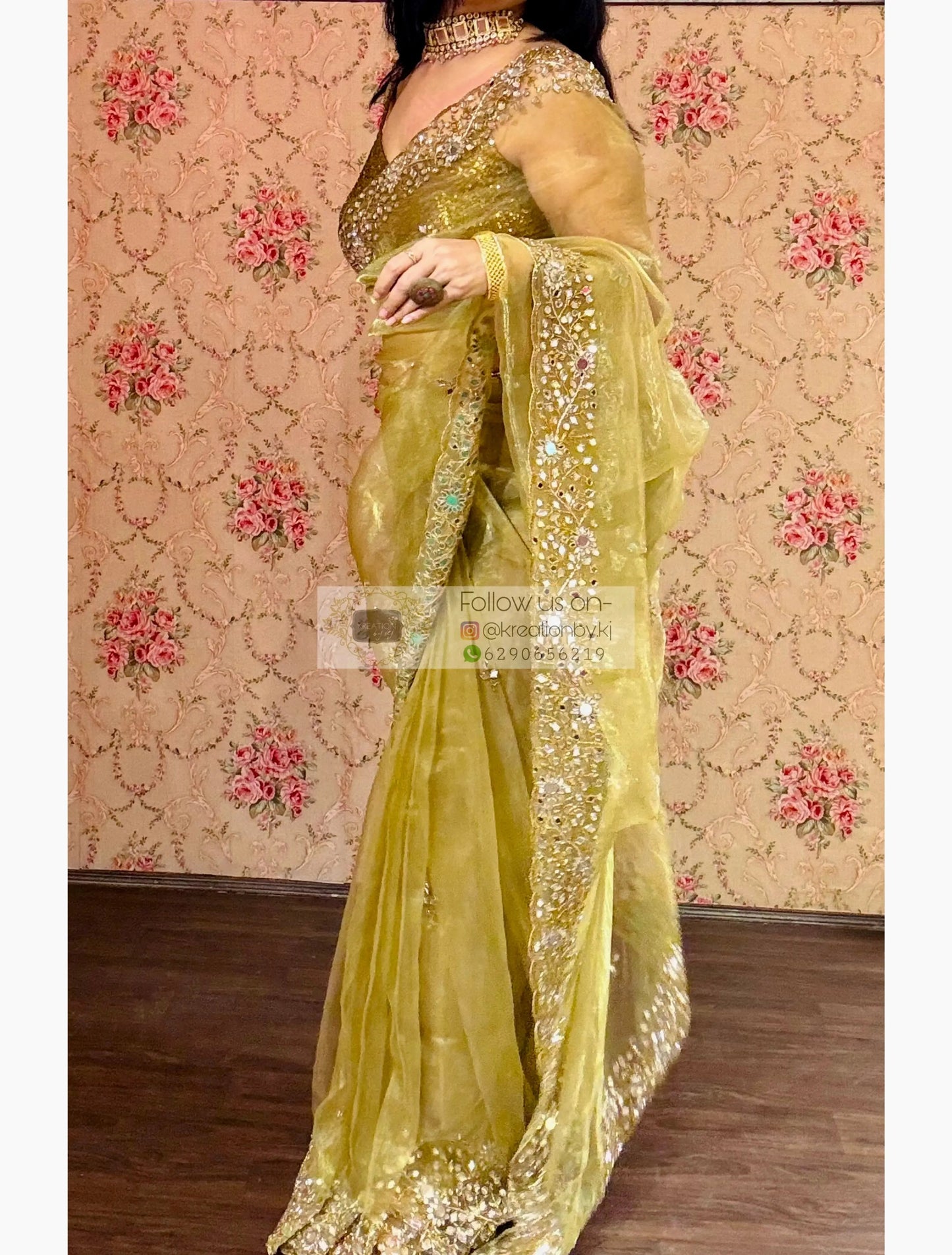 Pista Green Sheesh Mahal Mirror Work Saree kreationbykj