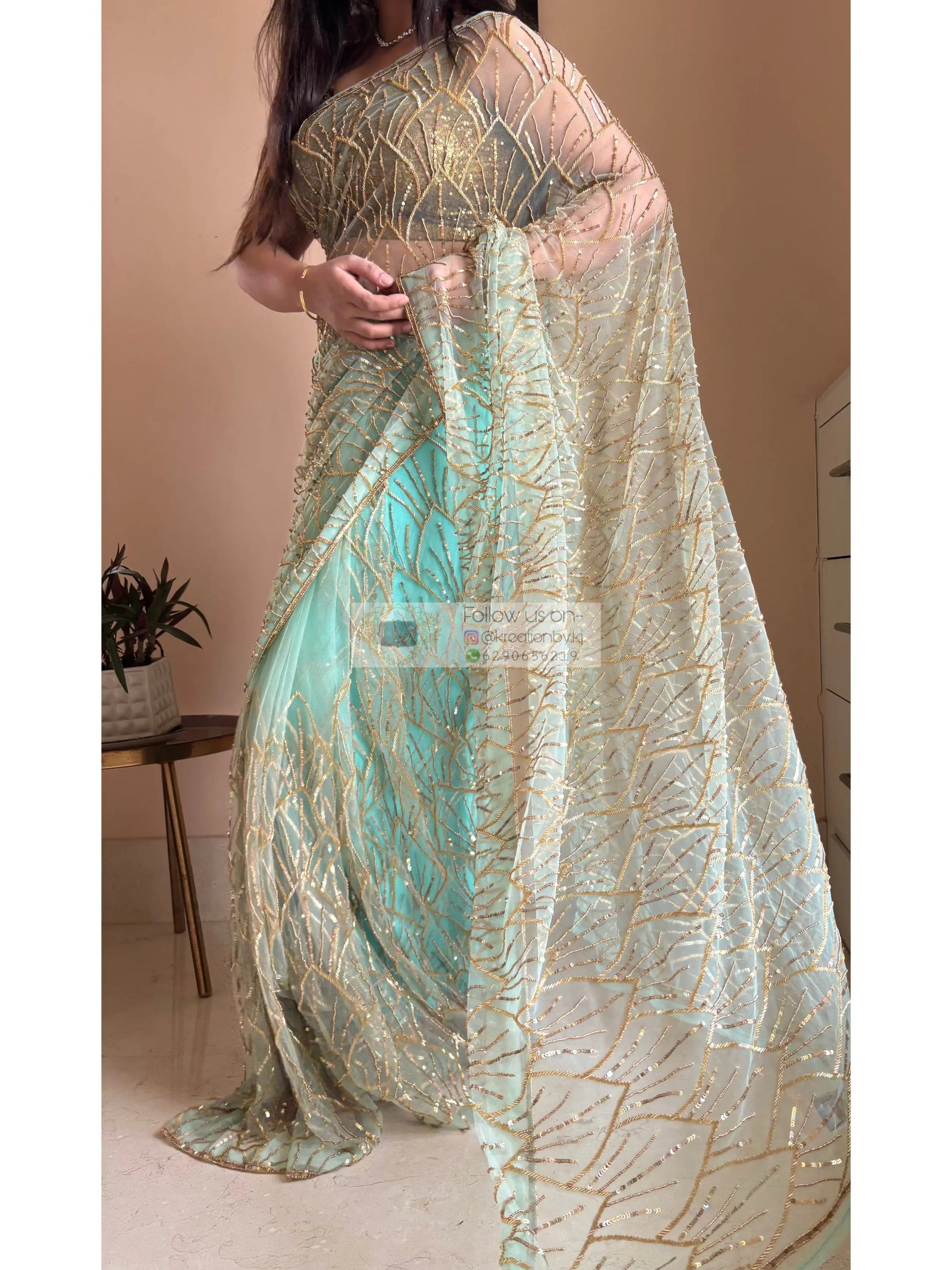 Mint Green A Sky full of Stars Saree kreationbykj