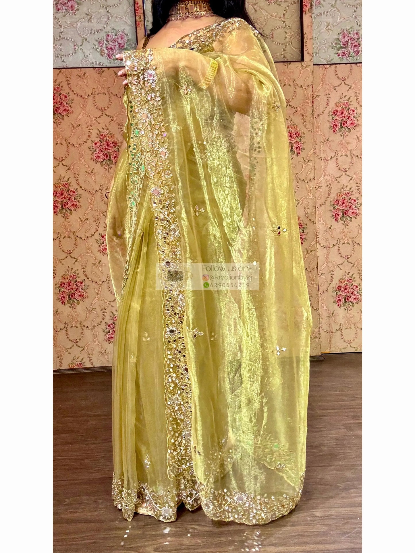 Pista Green Sheesh Mahal Mirror Work Saree kreationbykj