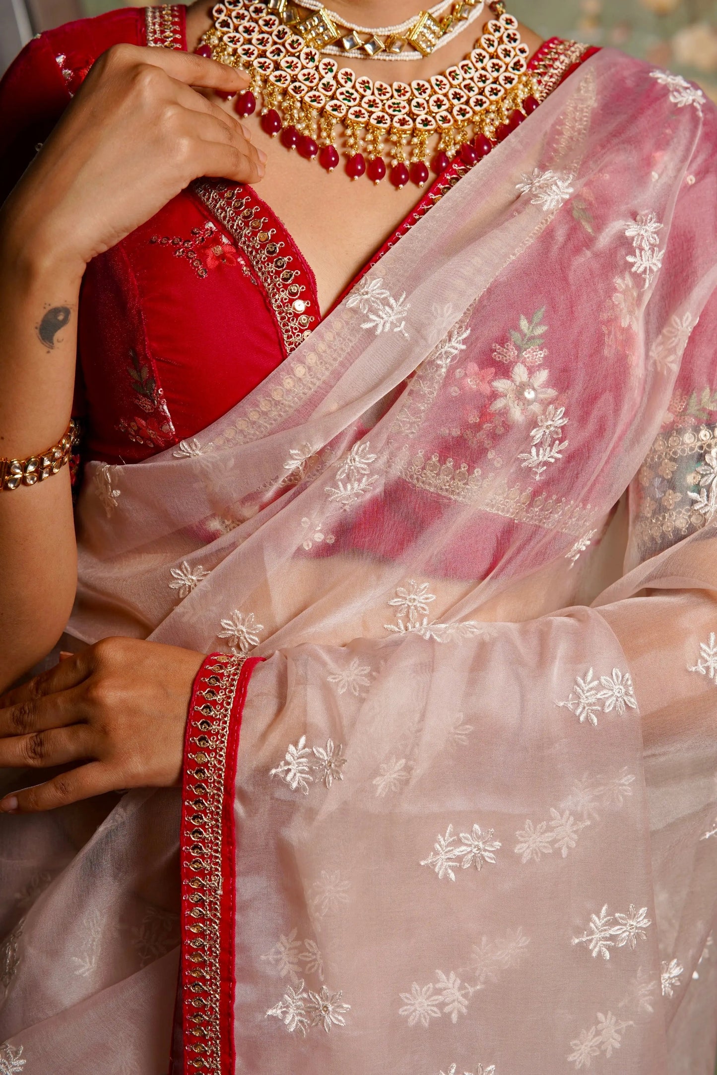 Blush Pink Organza Saree with Rani Pink Border kreationbykj