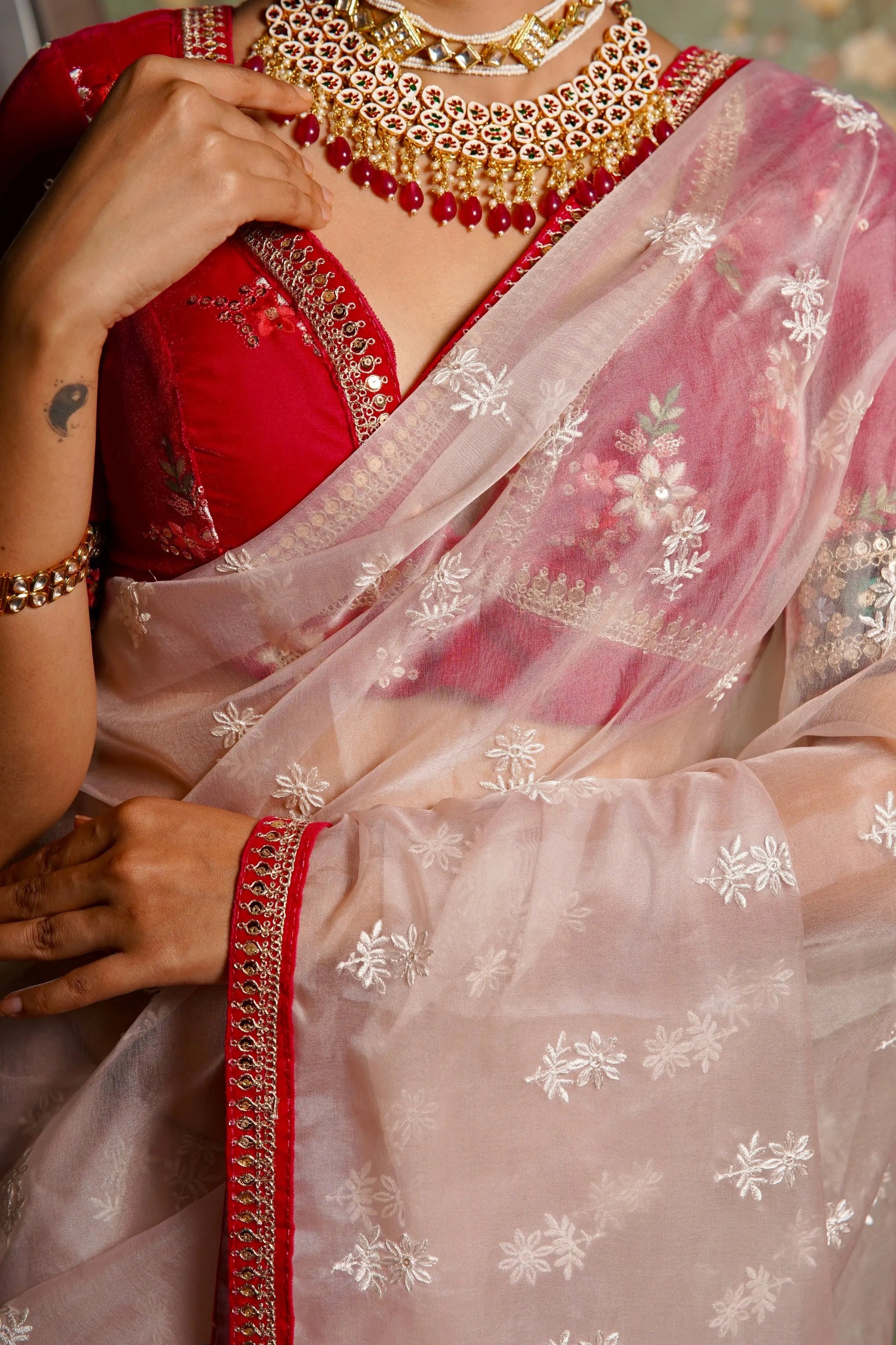 Blush Pink Organza Saree with Rani Pink Border kreationbykj