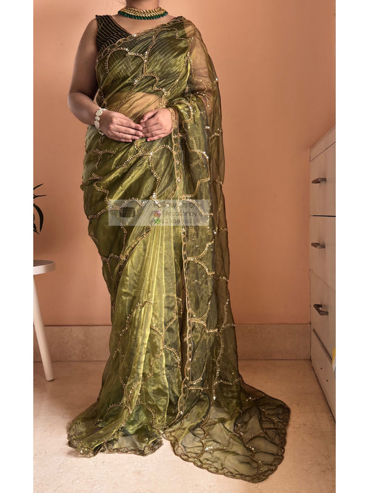 Military Green Chaudhvin ka Chand Saree for Wedding Kreation by KJ