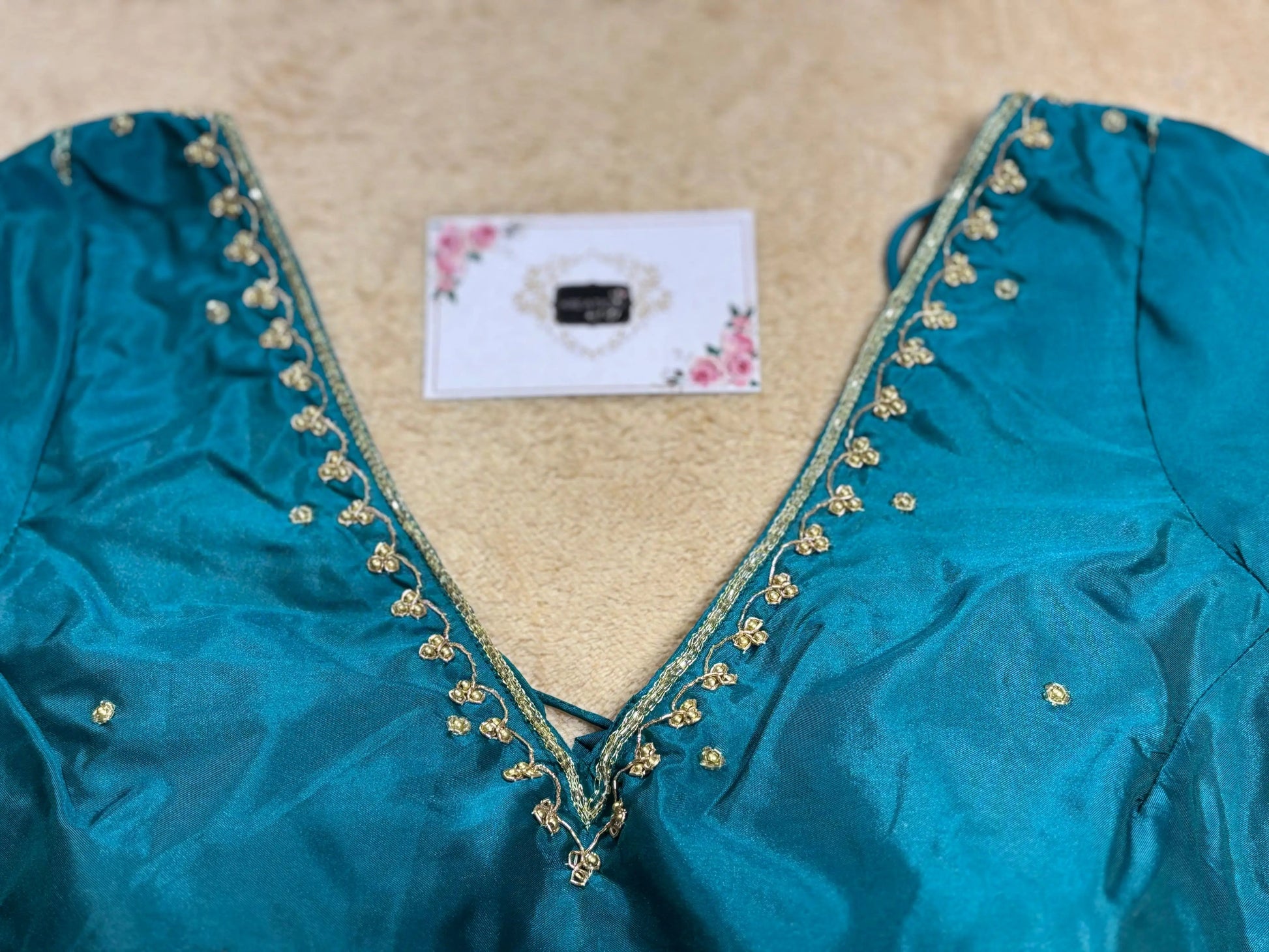 Teal Blue Silk Blouse With Embroidery kreationbykj