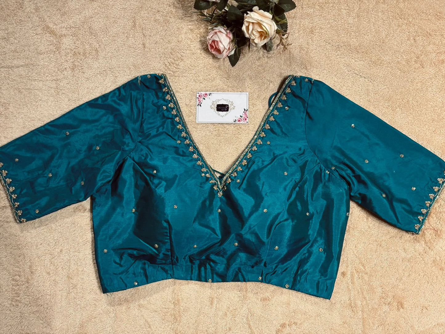 Teal Blue Silk Blouse With Embroidery kreationbykj