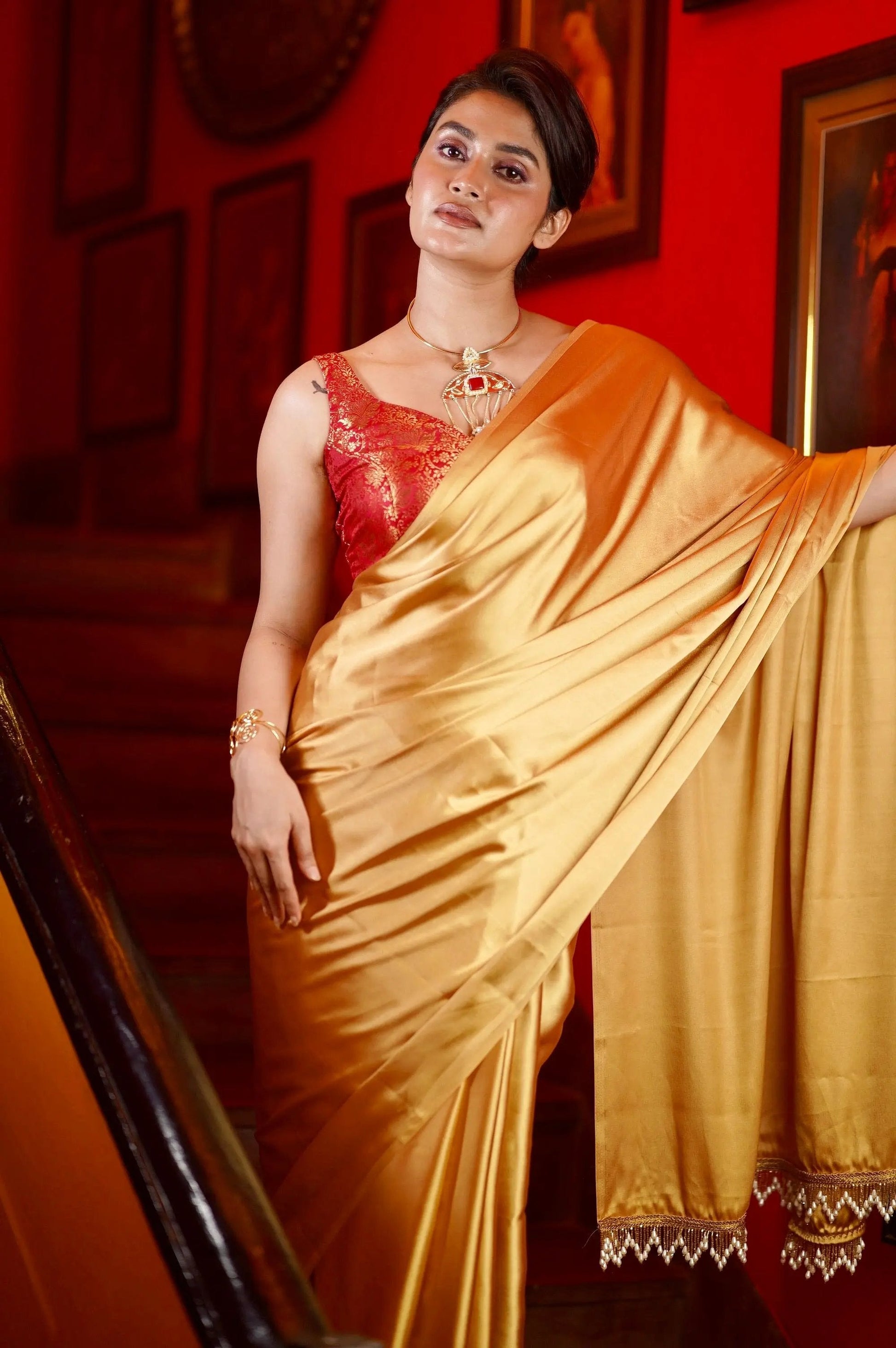 Champagne Gold Satin Saree kreationbykj