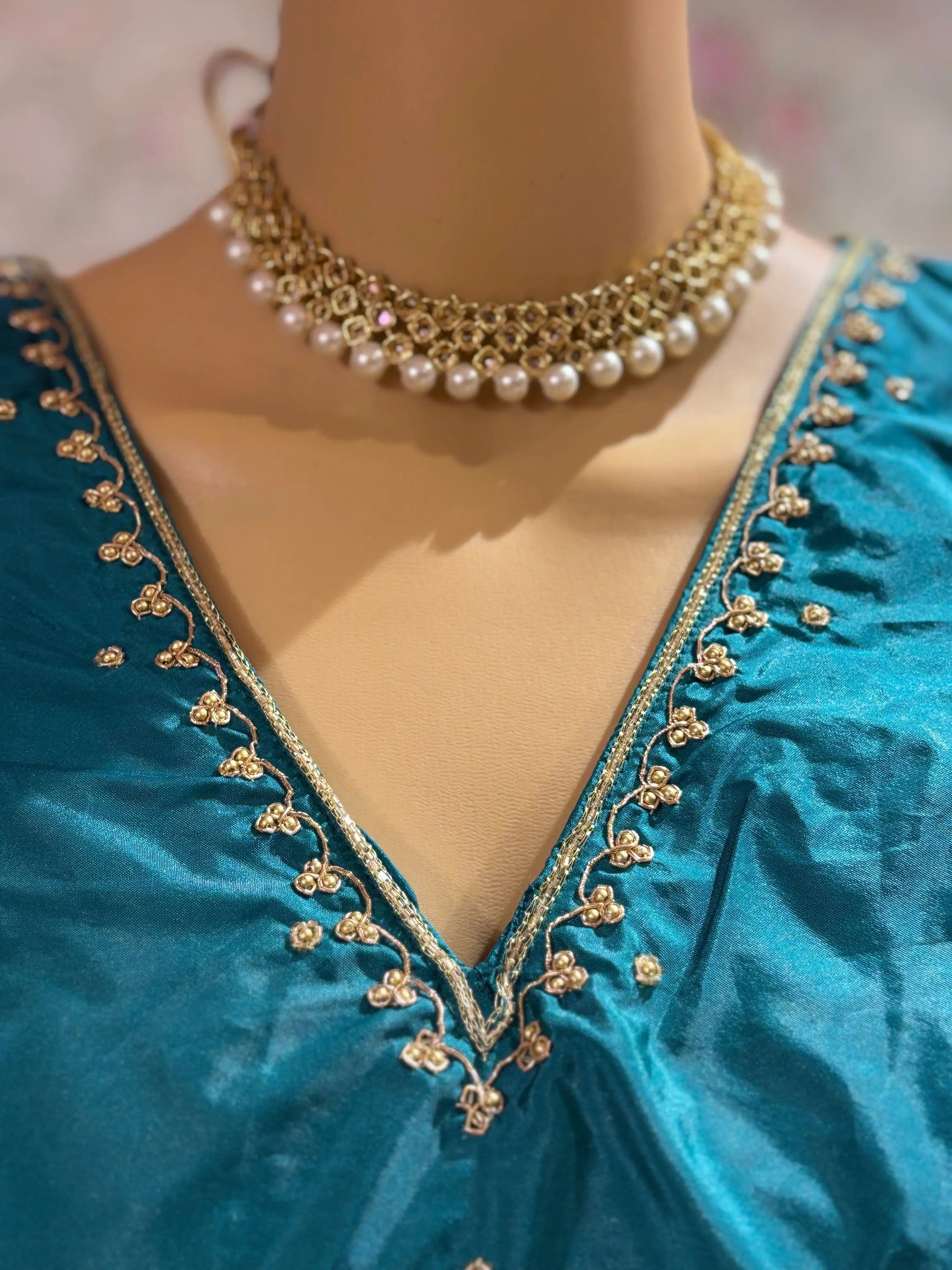 Teal Blue Silk Blouse With Embroidery kreationbykj