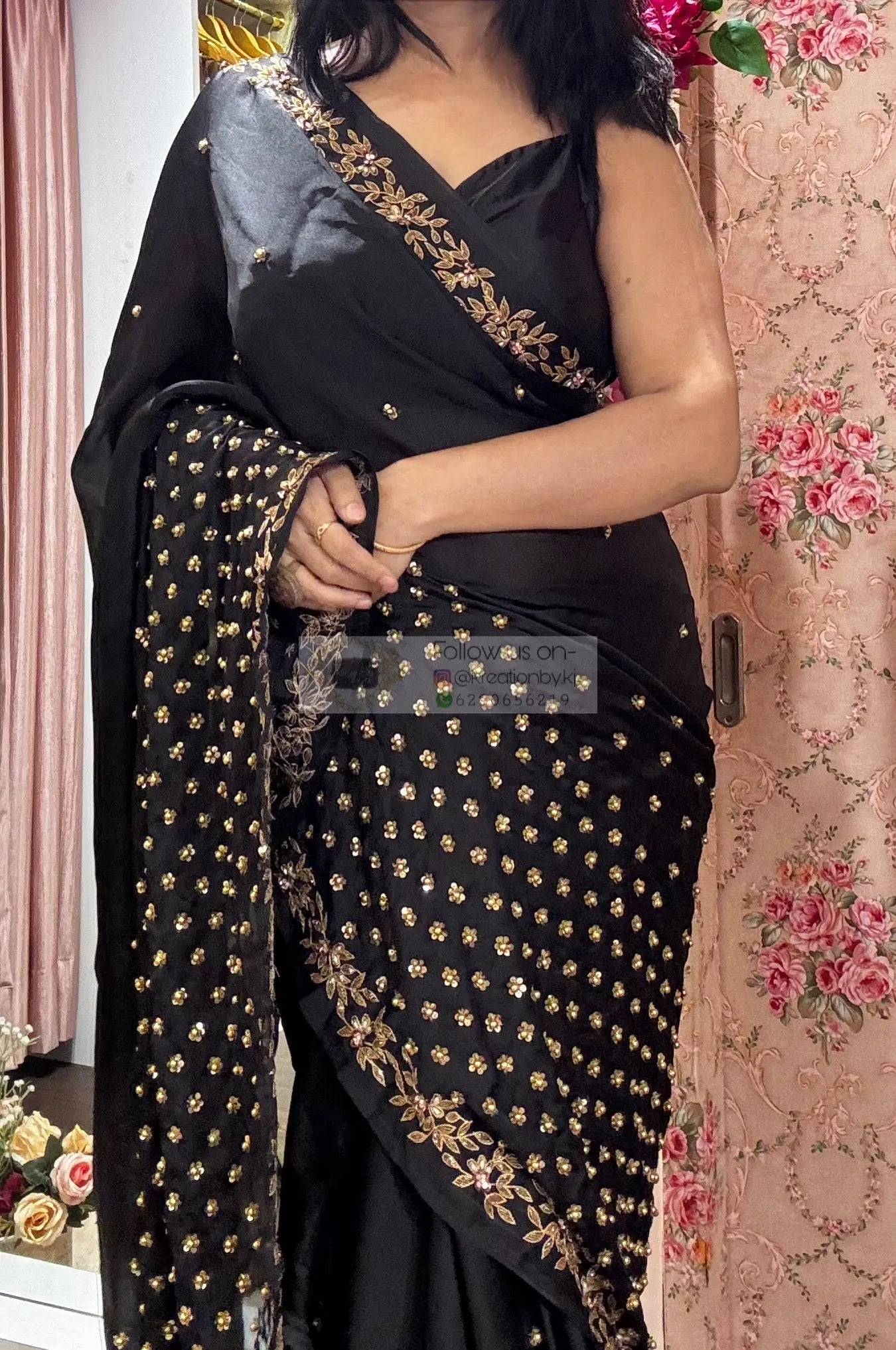 Black Crepe Silk Badan Pe Sitare Cocktail  Saree kreationbykj