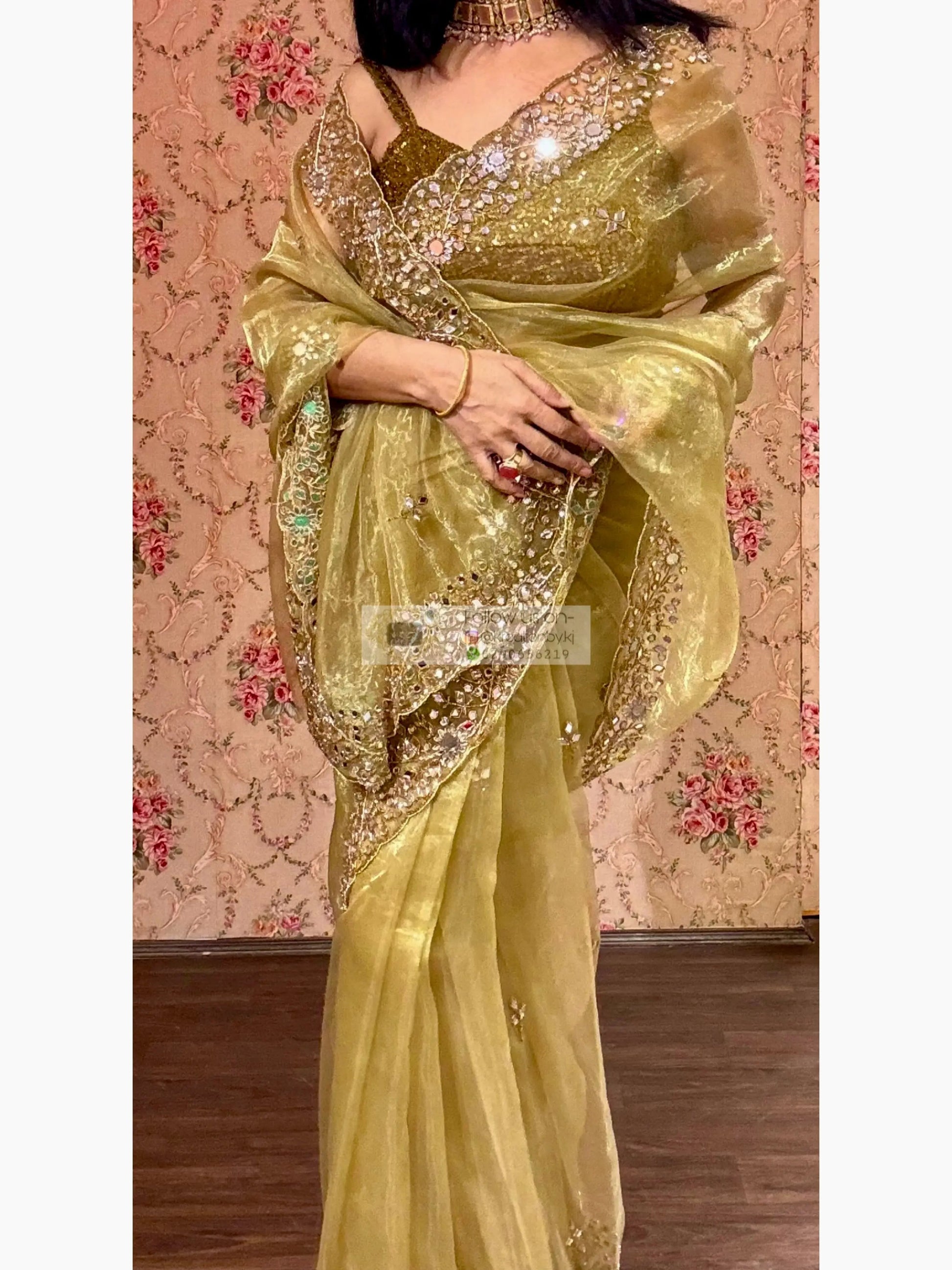 Pista Green Sheesh Mahal Mirror Work Saree kreationbykj