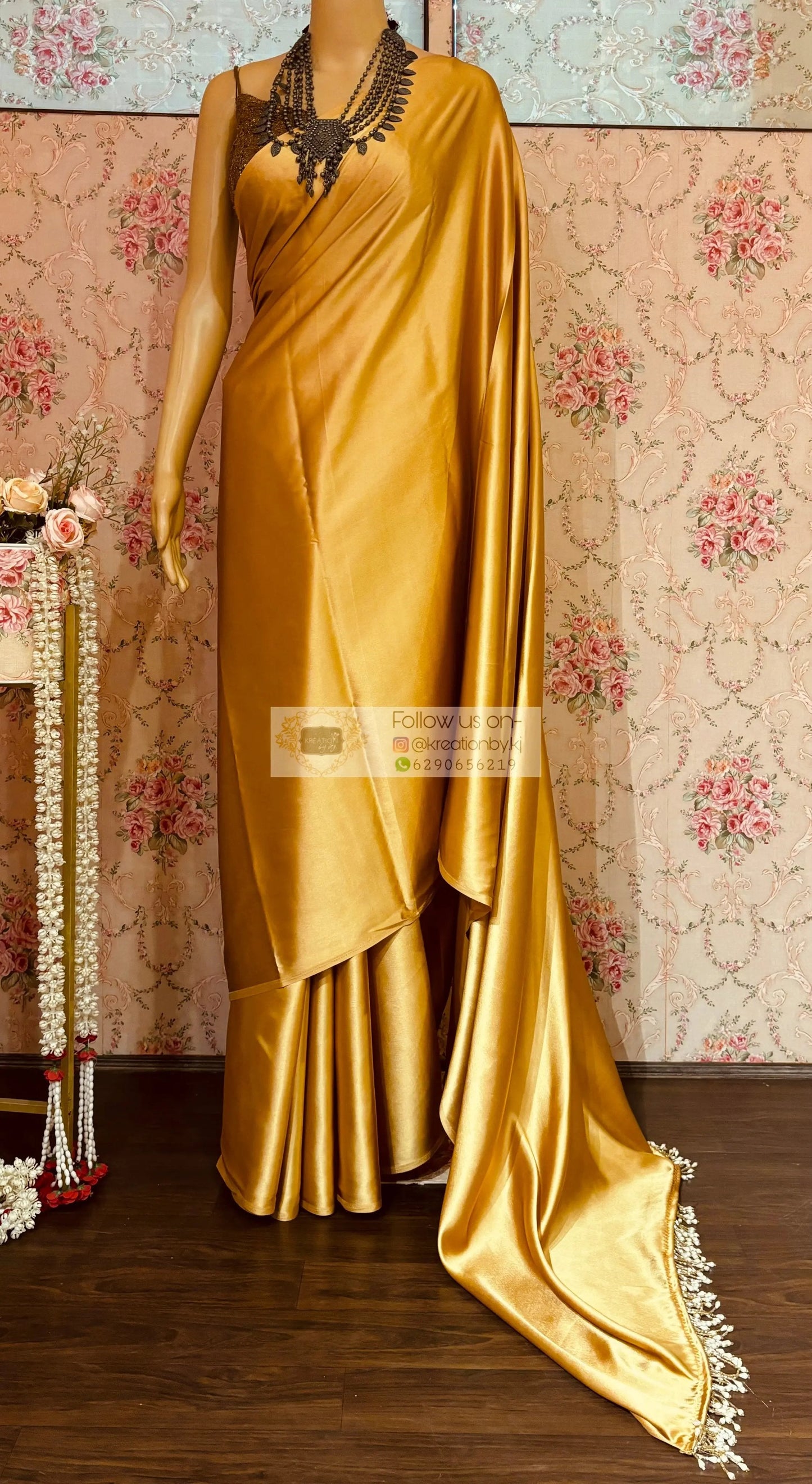 Champagne Gold Satin Saree kreationbykj