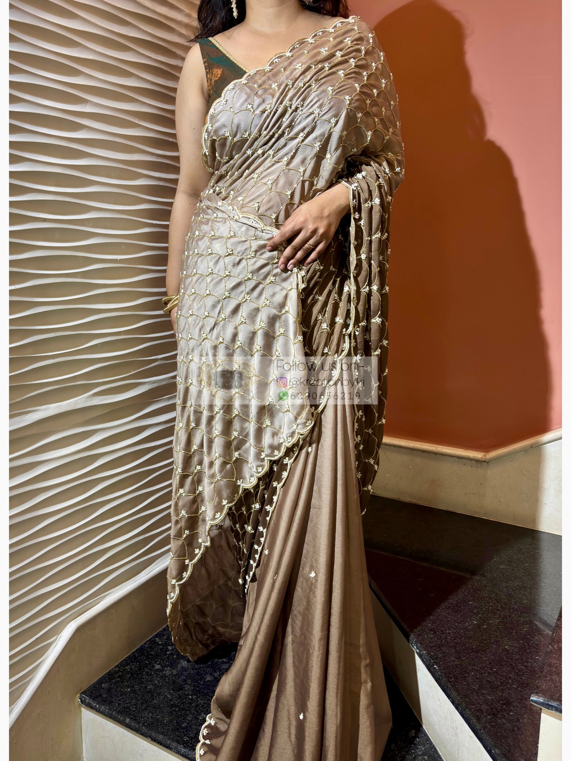Brown Ombre Cutdana Mehraab Jaal Cocktail Saree kreationbykj