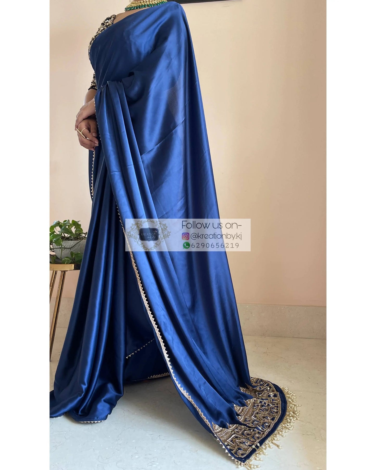 Navy Blue Satin Silk Taj Mahal Saree - kreationbykj