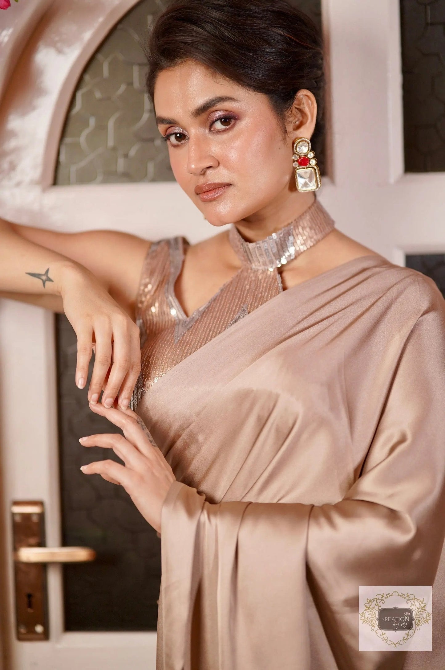 Lilac Satin Embroidered Pallu Saree kreationbykj