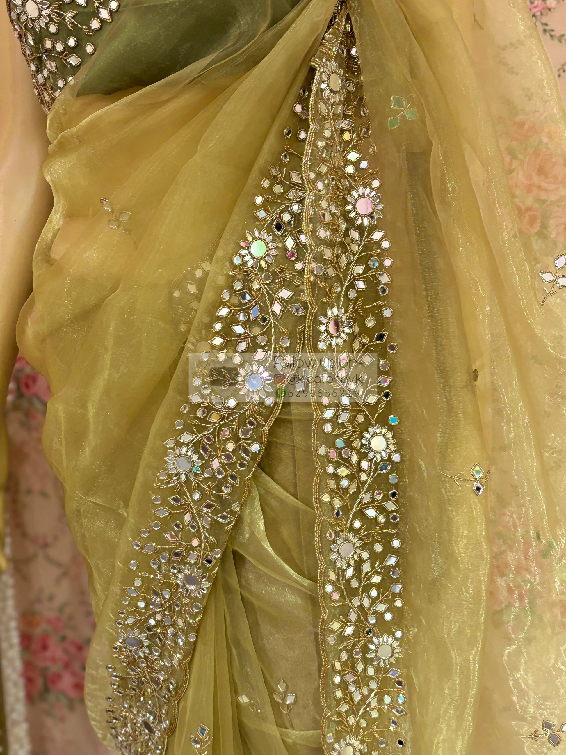 Pista Green Sheesh Mahal Mirror Work Saree kreationbykj